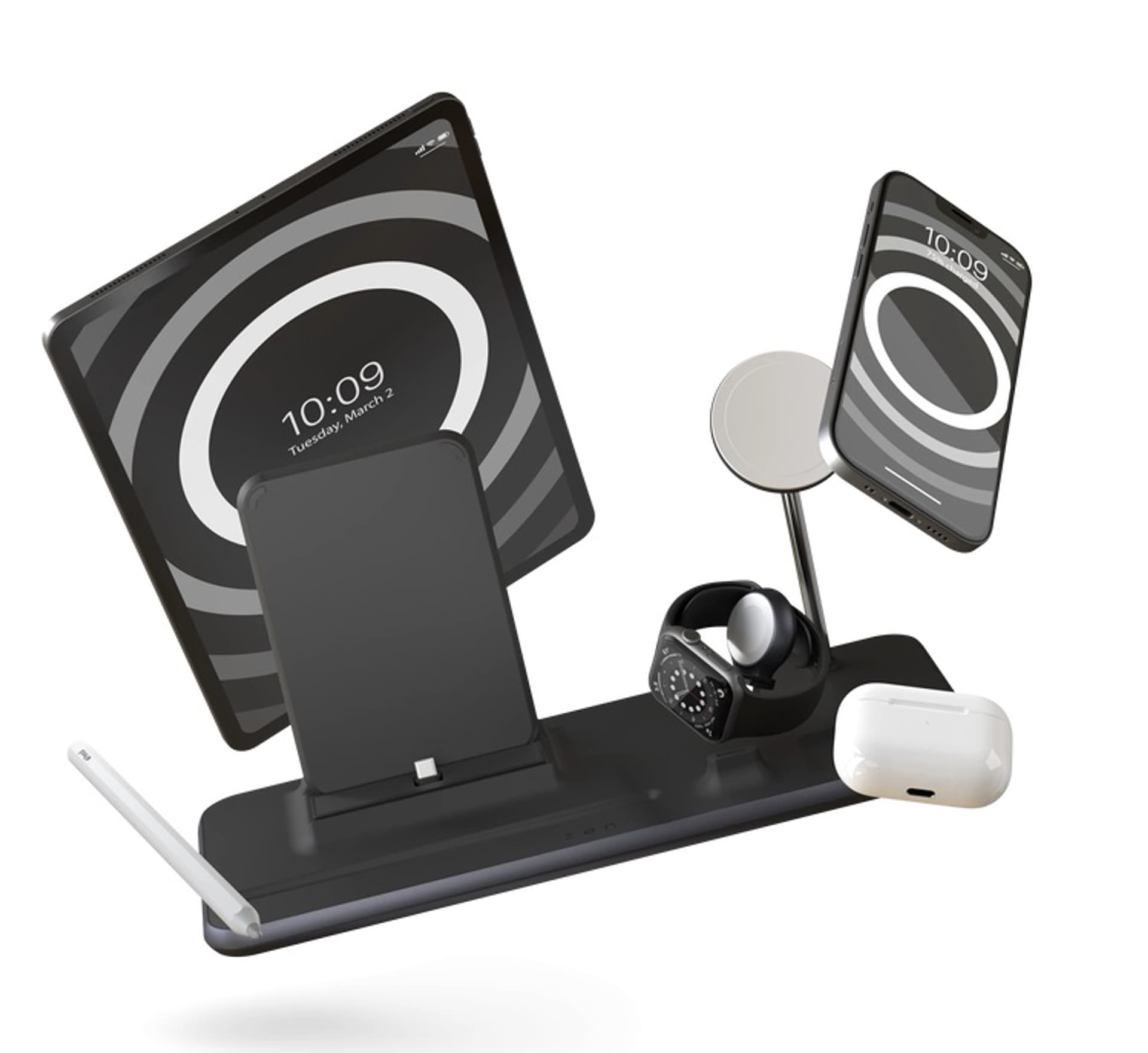

ZENS Aluminium 4w1 MagSafe iPad + AppleWatch - bezprzewodowa stacja ładująca do czterech urządzeń MagSafe oraz Apple Watch - (MagSafe 15W, iPad USB-C dock 18W, Apple Watch 5W, QI 5W) (black)