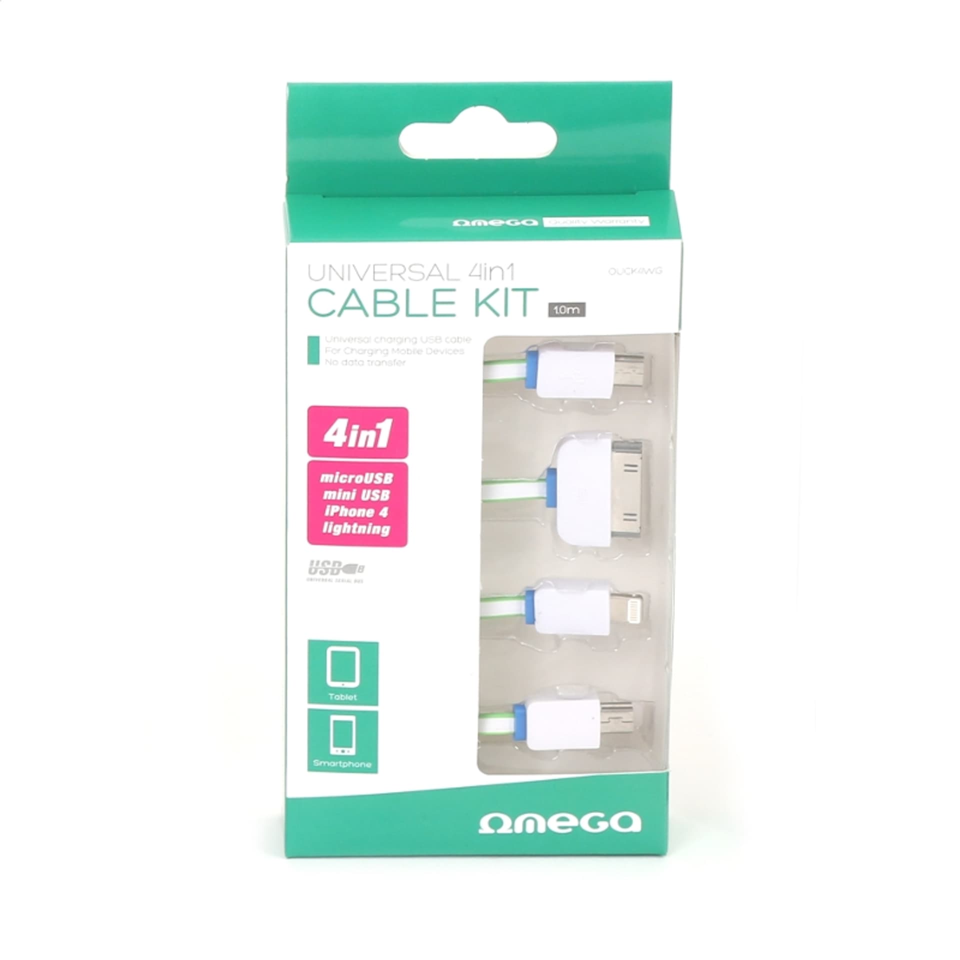 

OMEGA HYDRA USB UNIVERSAL CHARGING CABLE KABEL KIT 4 IN 1: MICRO USB + MINI USB + IPHONE4 + LIGHTNING - WHITE & GREEN [42814]