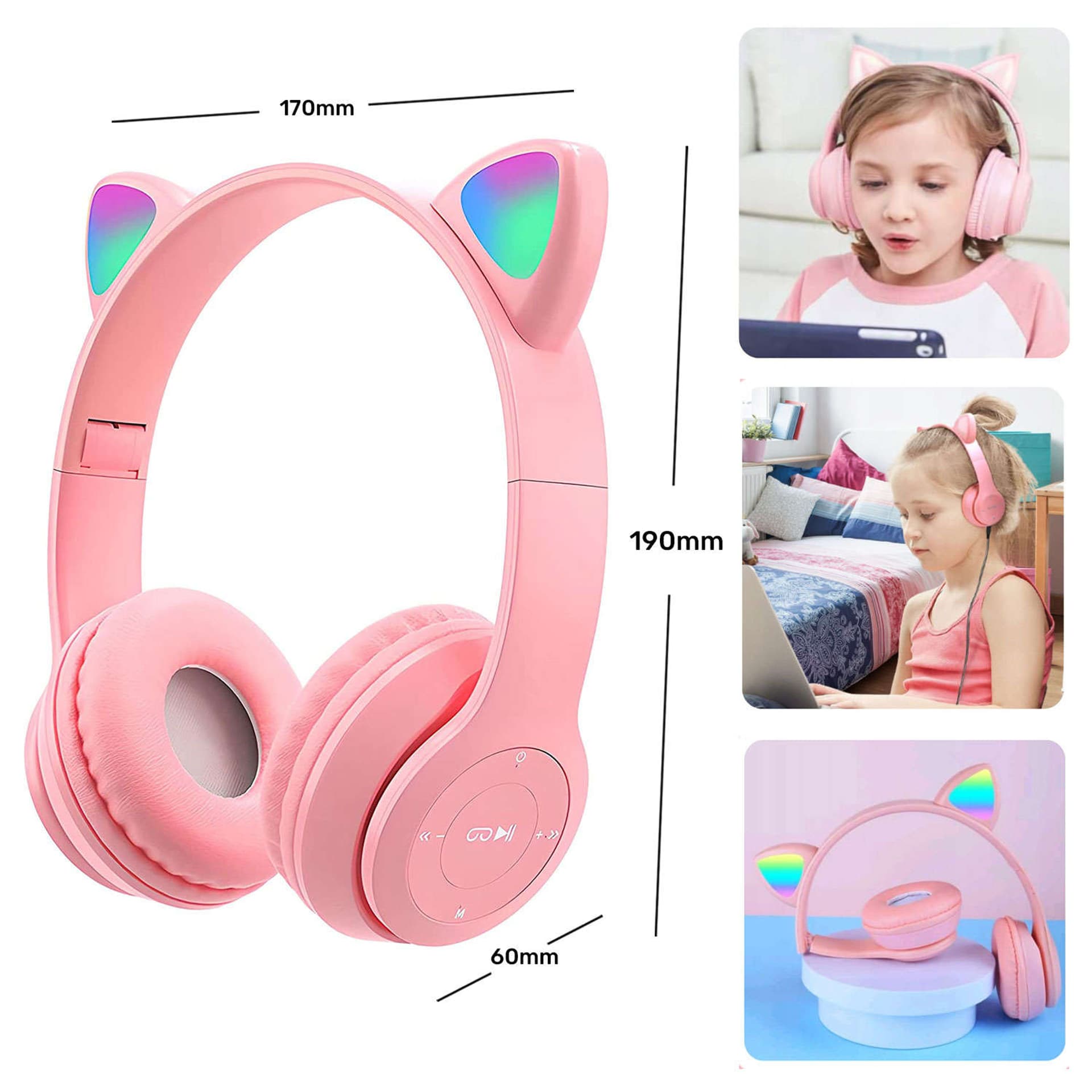 

Słuchawki bezprzewodowe LED RGB nauszne Bluetooth 5.0 dla dzieci z uszami kota kocie uszy Różowe