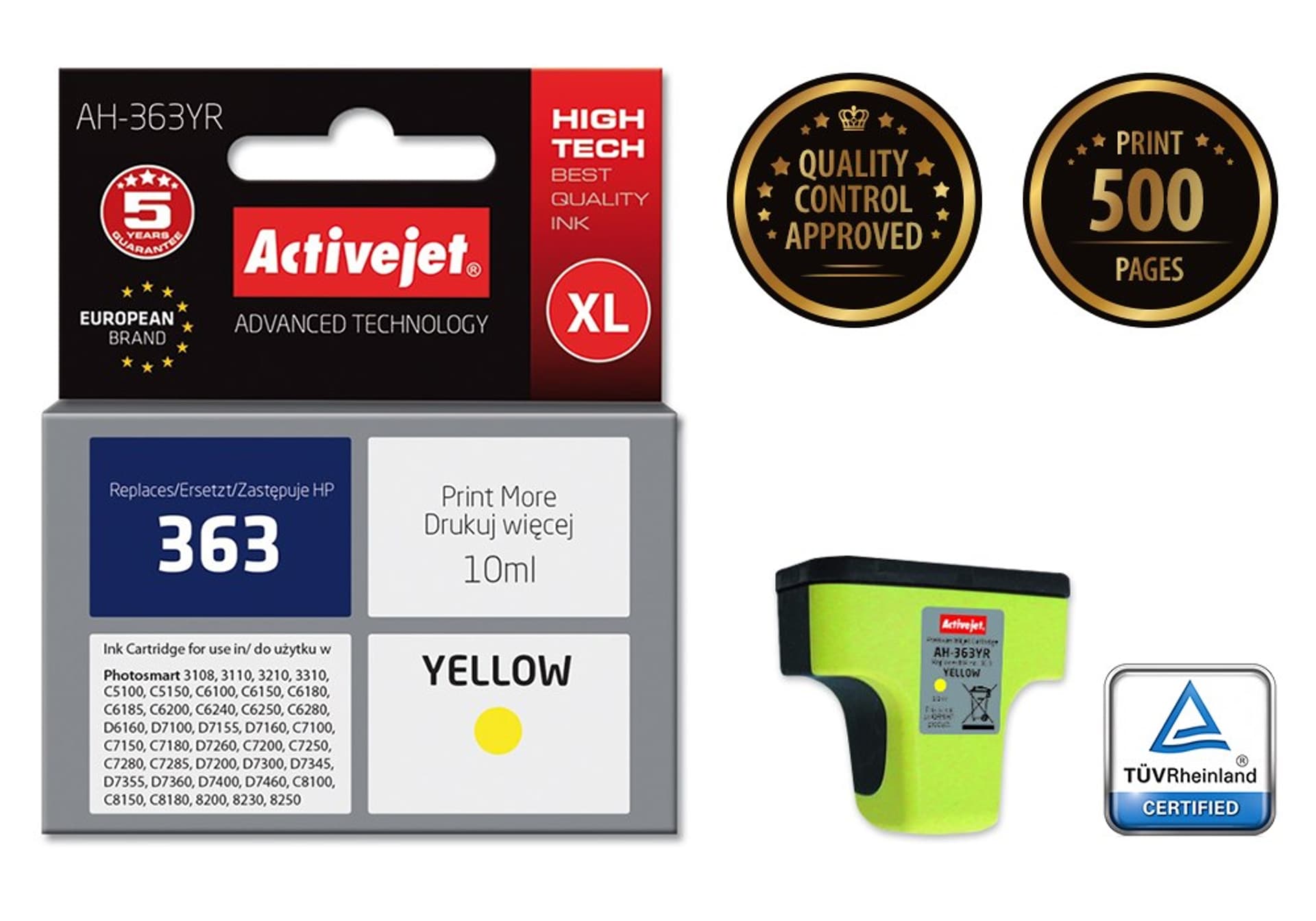

Tusz Activejet AH-363YR (zamiennik HP 363 C8773EE; Premium; 10 ml; żółty)