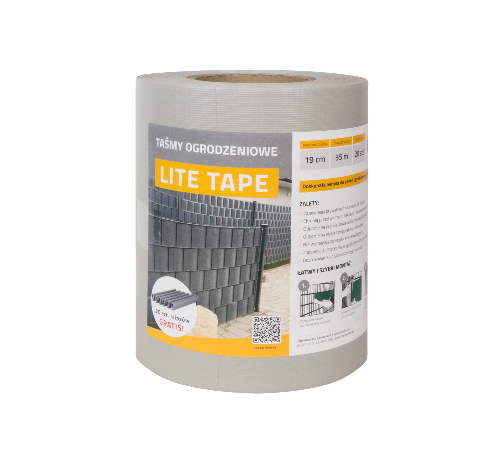 

Taśma ogrodzeniowa SZARA 19cm x 35mb LITE PVC 450g/m2 + 20 klipsów GRATIS