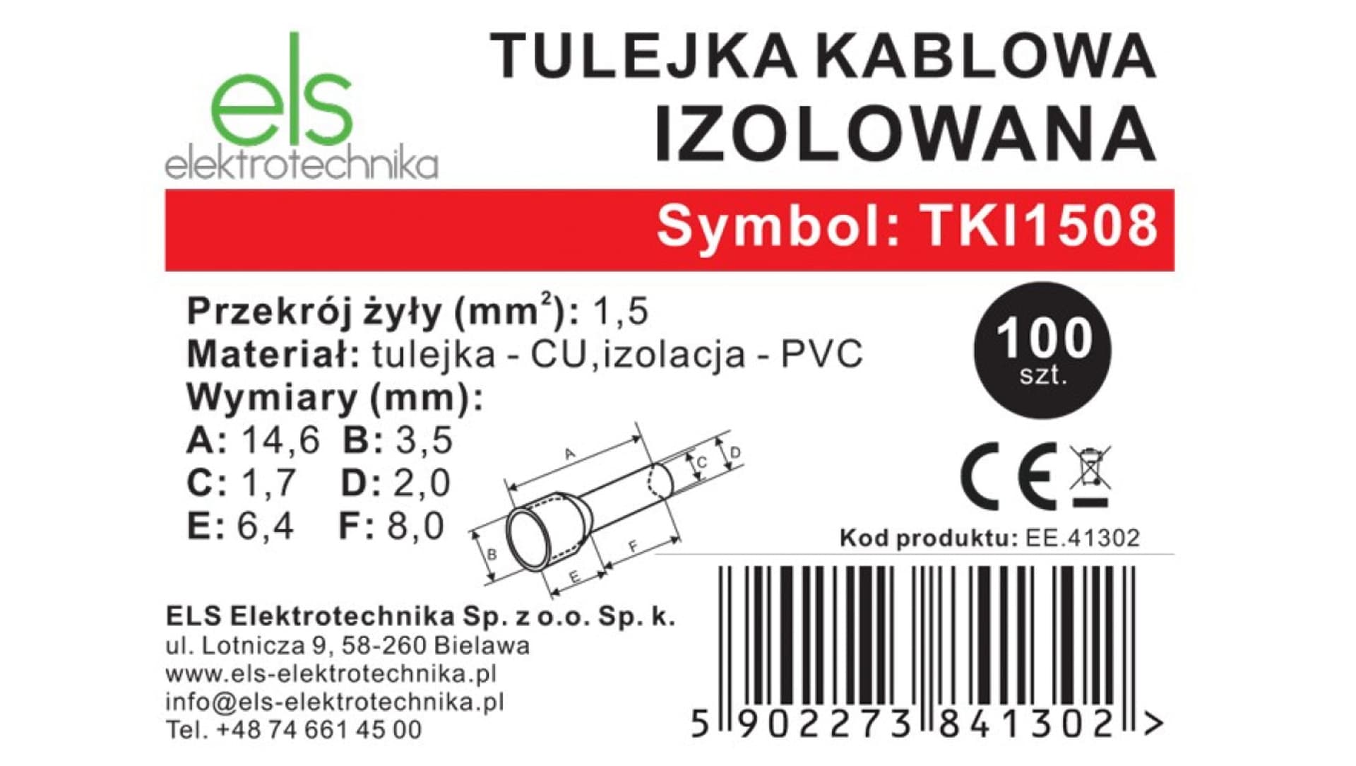 

Tulejka kablowa izolowana ELS Elektrotechnika 1,5-8mm TKI1508 /100szt./