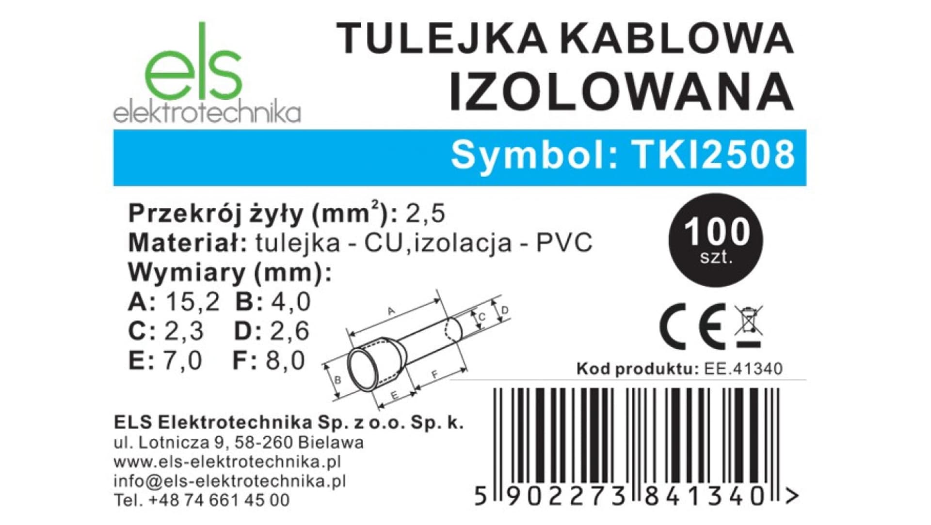 

Tulejka kablowa izolowana ELS Elektrotechnika 2,5-8mm TKI2508 /100szt./