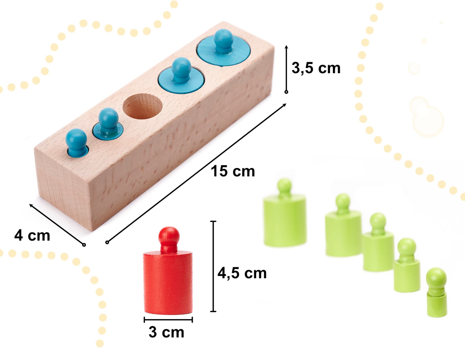 

Odważniki cylindry drewniane montessori kolorowe