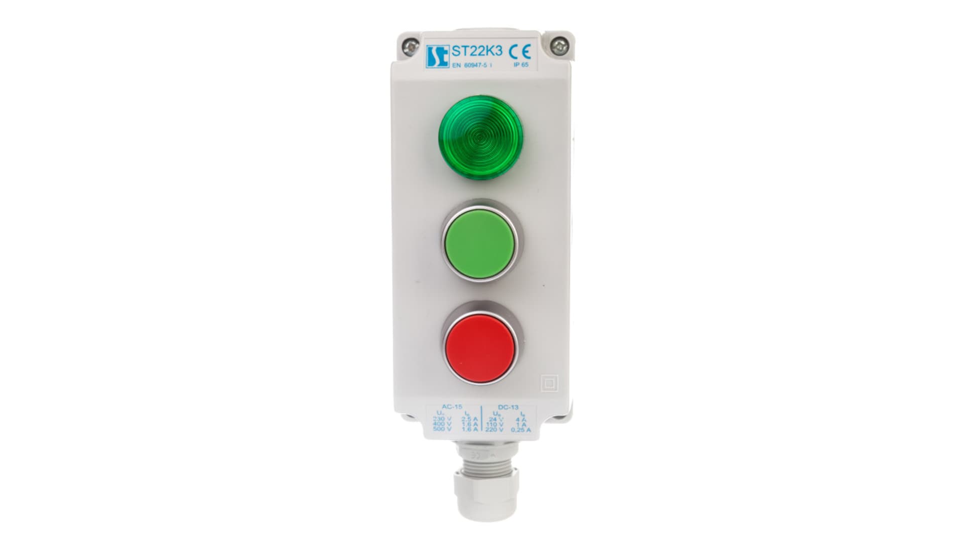 

Kaseta sterownicza 3-otworowa zielony/czerwony/lampka zielona 230V IP65 1x dławik M20 szara ST22K3\06-1