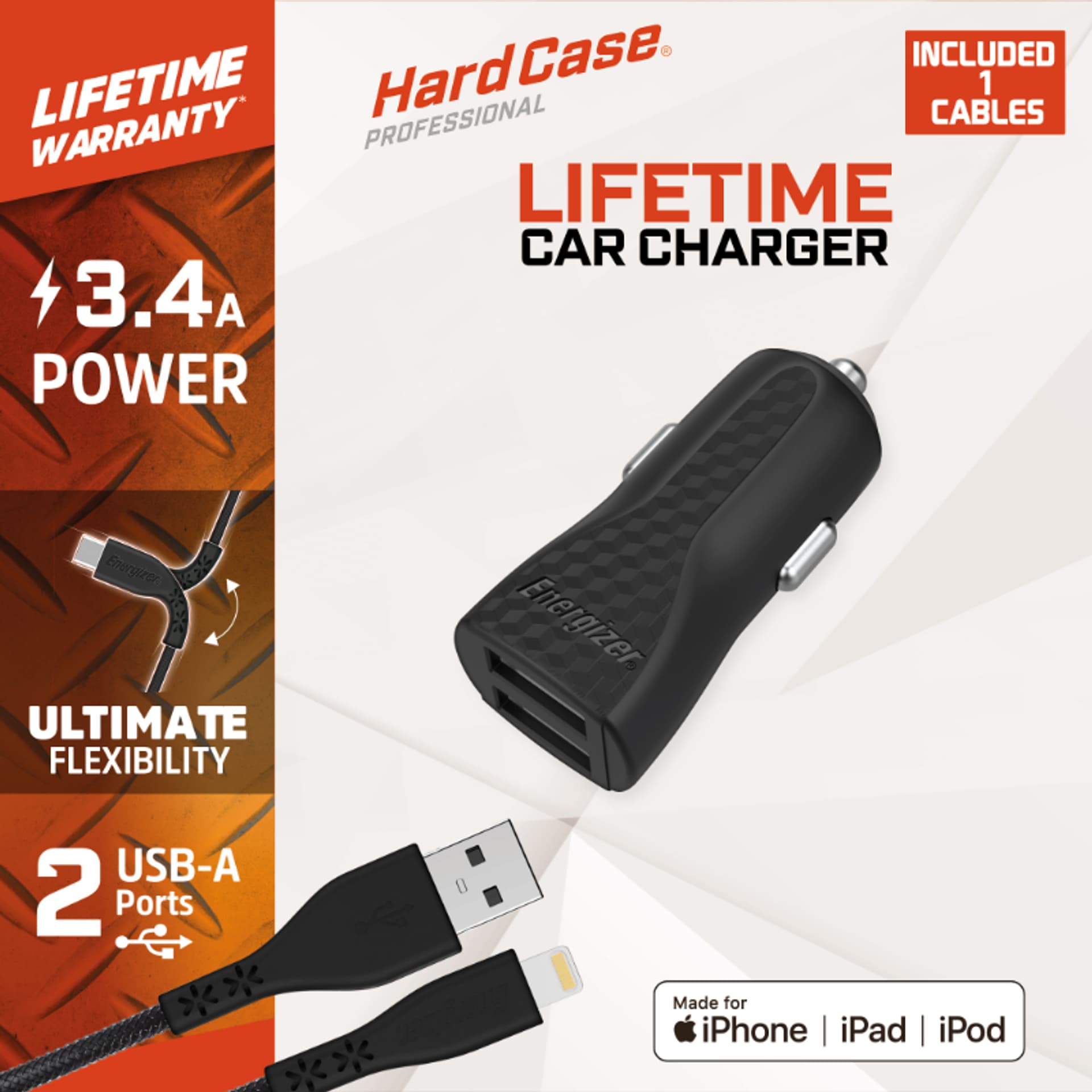 

Energizer HardCase - Ładowarka samochodowa 2x USB-A 17W 3.4A + Kabel Lightning certyfikat MFi (Czarny)