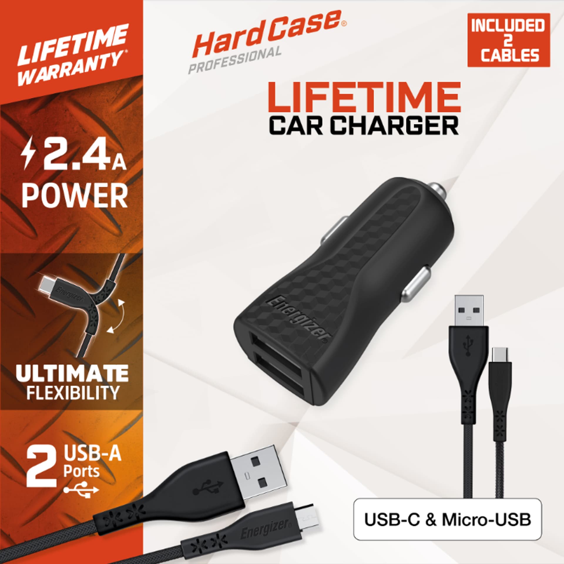 

Energizer HardCase - Ładowarka samochodowa 2x USB-A 2.4A + Kabel USB-C & Micro USB (Czarny)