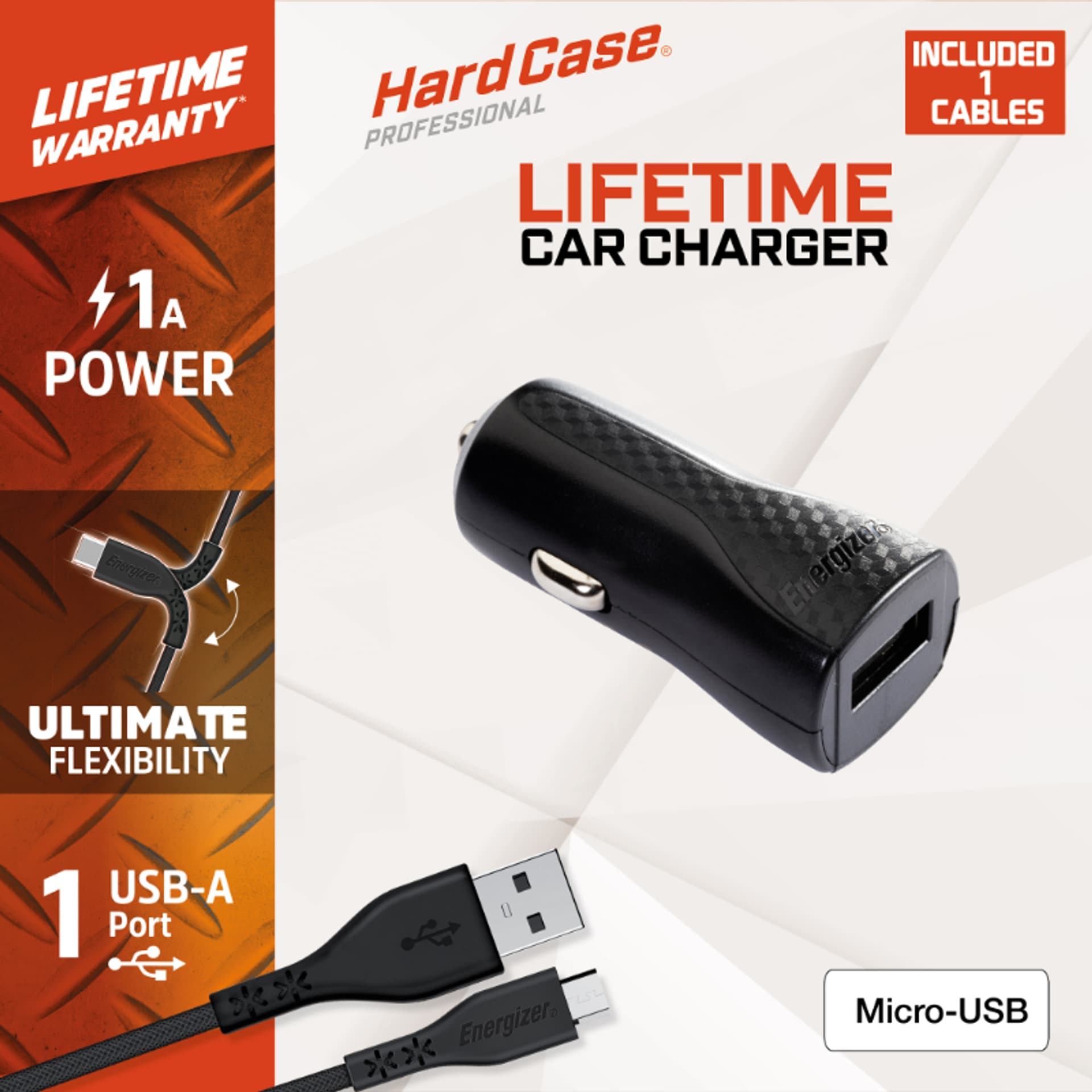 

Energizer HardCase - Ładowarka samochodowa USB-A 1A + Kabel Micro USB (Czarny)