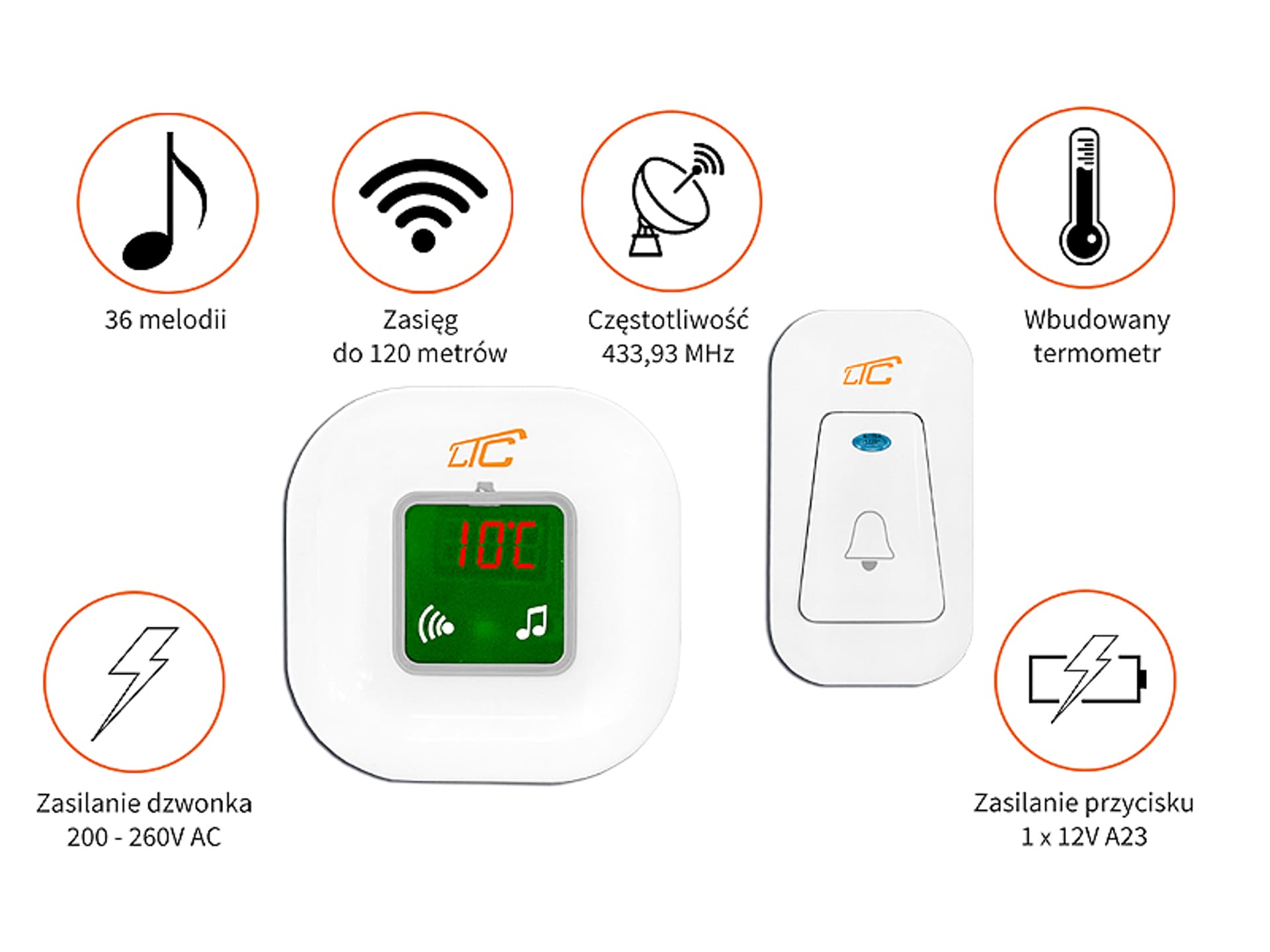 

1 szt. Dzwonek bezprzewodowy z termometrem LTC LXDZ1 ELECTRO , AC 230V.