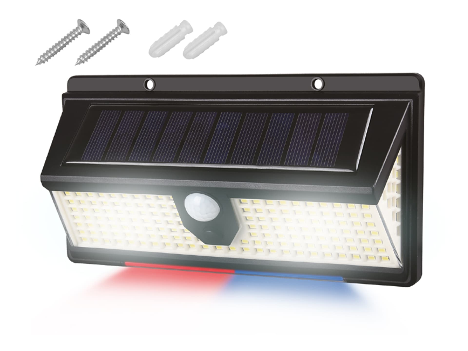

1 szt. ABS, 172xSMD białe światło, 18xSMD niebiesko-czerwone światło, 5.5V 5W, czujnik zmierzchu.