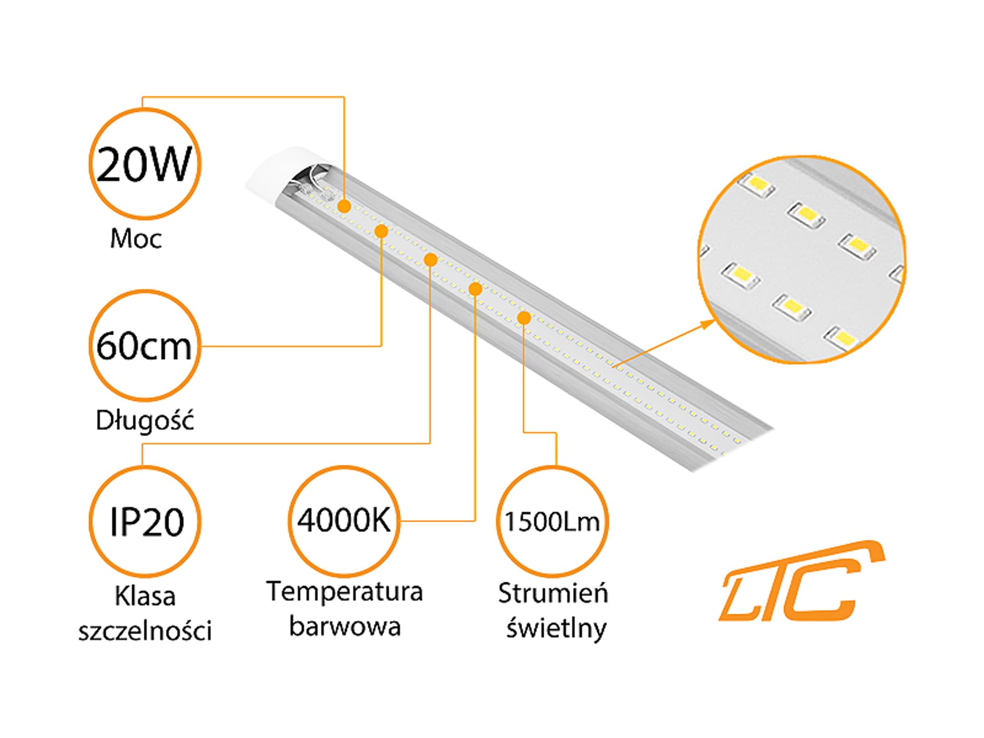 

1 szt. PS Oprawa sufitowa LTC Slim LED 20W 60cm IP20 A+ 230V/4000K/1500lm PANEL LED