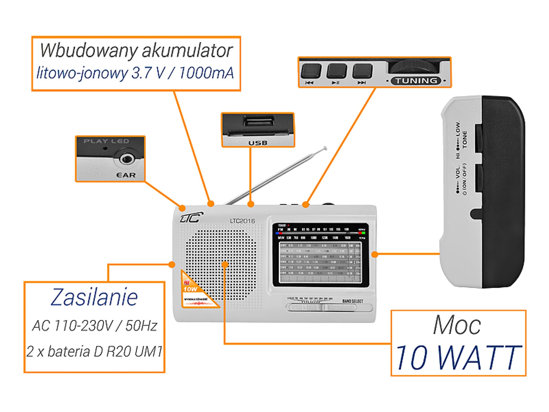 

1 szt. PS Radio przenośne LTC-2016 WILGA USB z wbudowanym akumulatorem, srebrne.