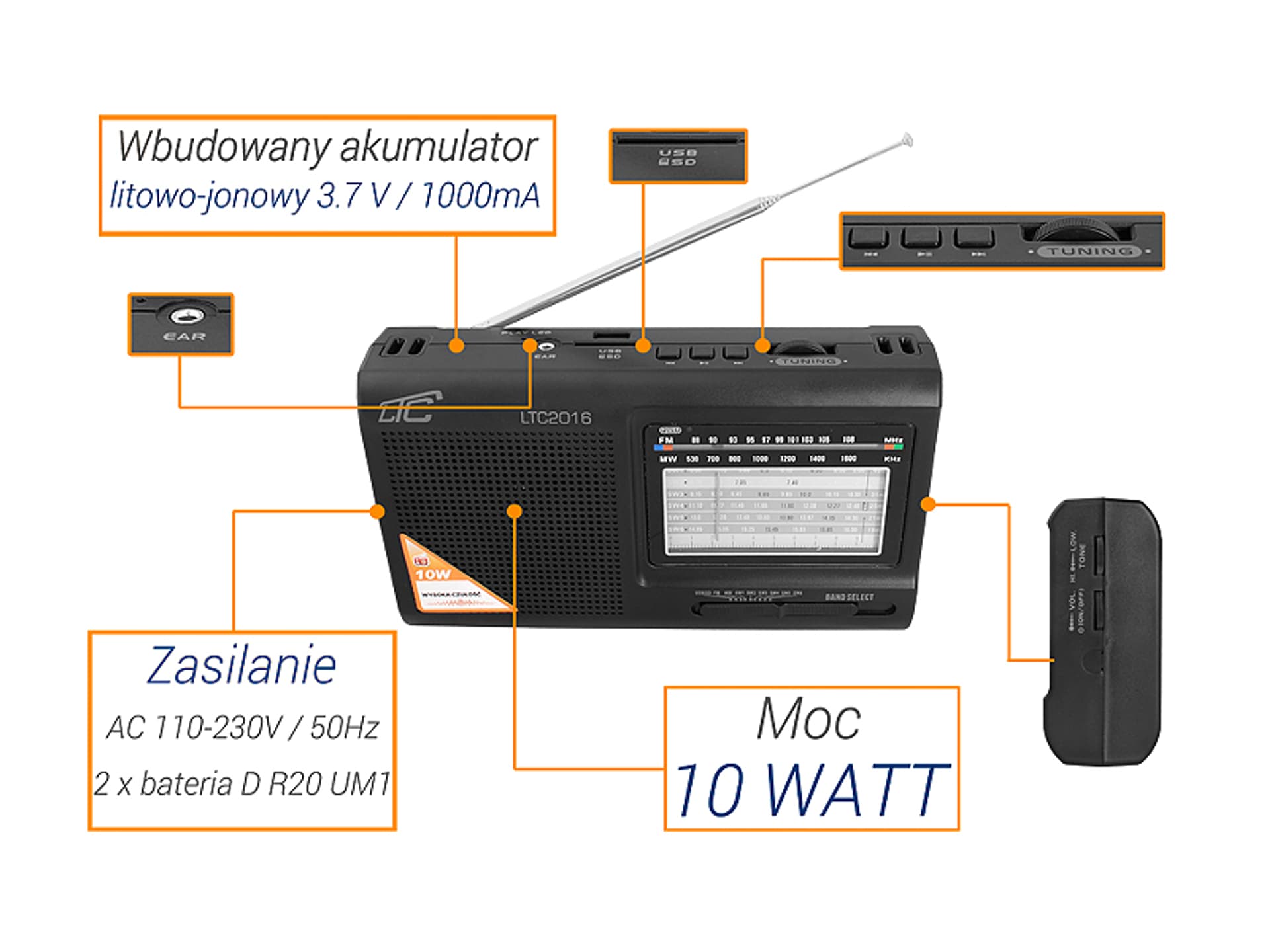 

1 szt. PS Radio przenośne LTC-2016 WILGA USB z wbudowanym akumulatorem, CZARNE.