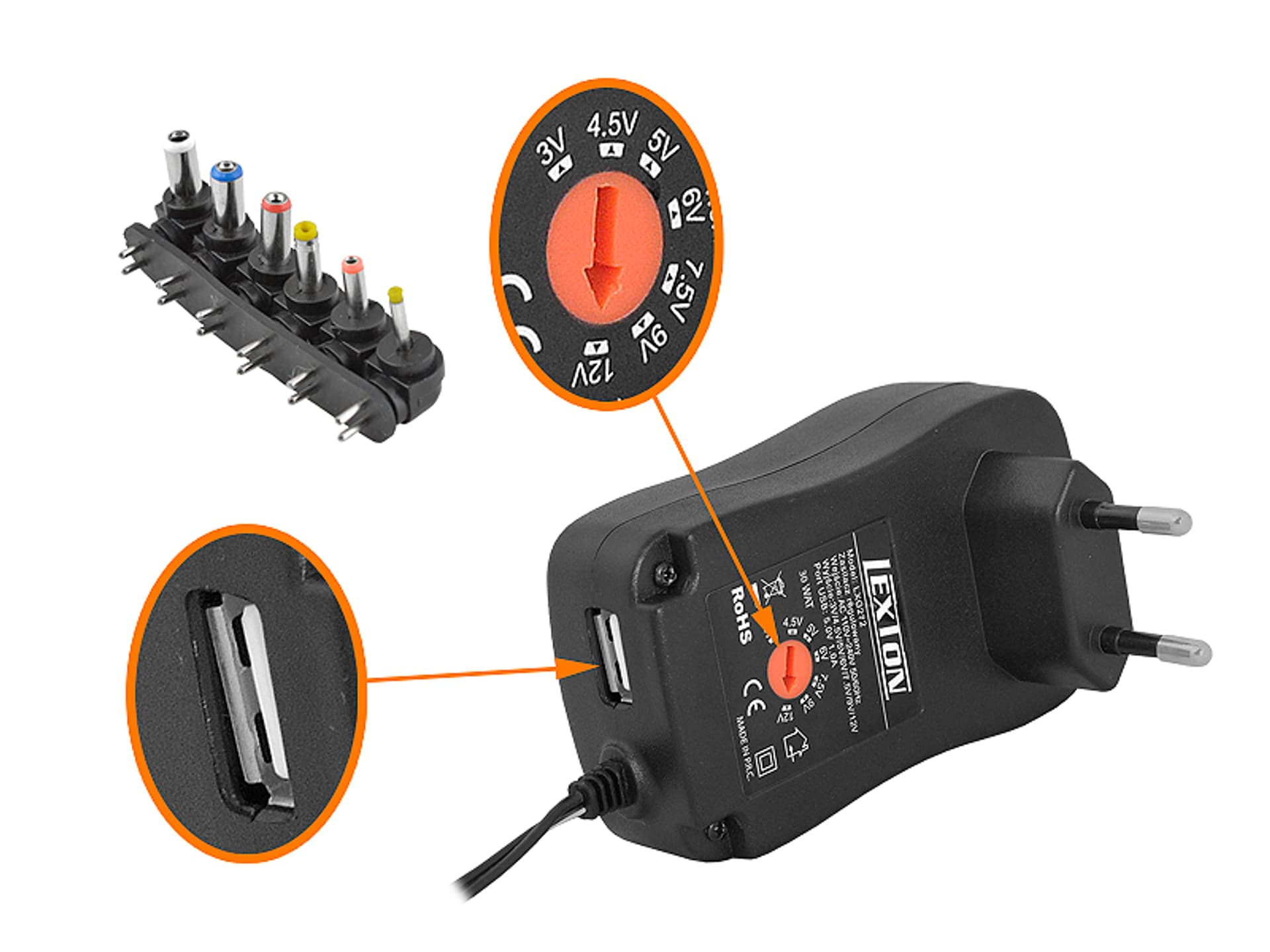 

1 szt. PS Zasilacz regulowany 3V-12V/2500mA z gniazdem USB.