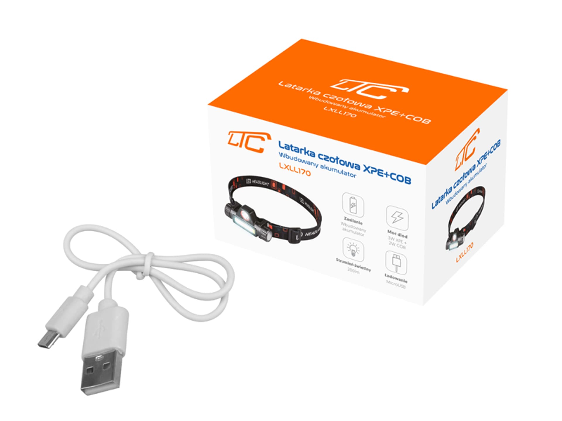 

1 szt. Latarka czołowa LTC ALU LED SMD 60lm + COB 120lm, aku. 1200mAh, ładowanie USB,odpinana