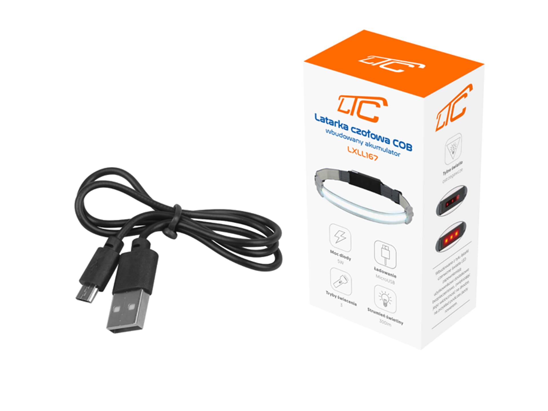 

1 szt. Latarka czołowa LTC COB 300lm aku 1200mAh USB typ-C tylnie światło ostrzegawcze