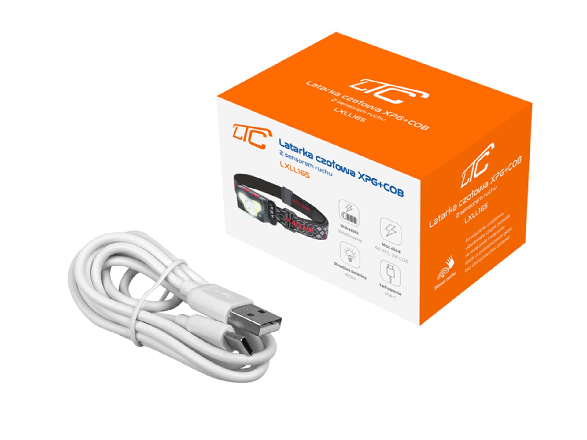 

1 szt. Latarka czołowa LTC LED XPG 5W 300lm +COB 5W 400lm sensor ruchu aku.1200mAh USB typ-C