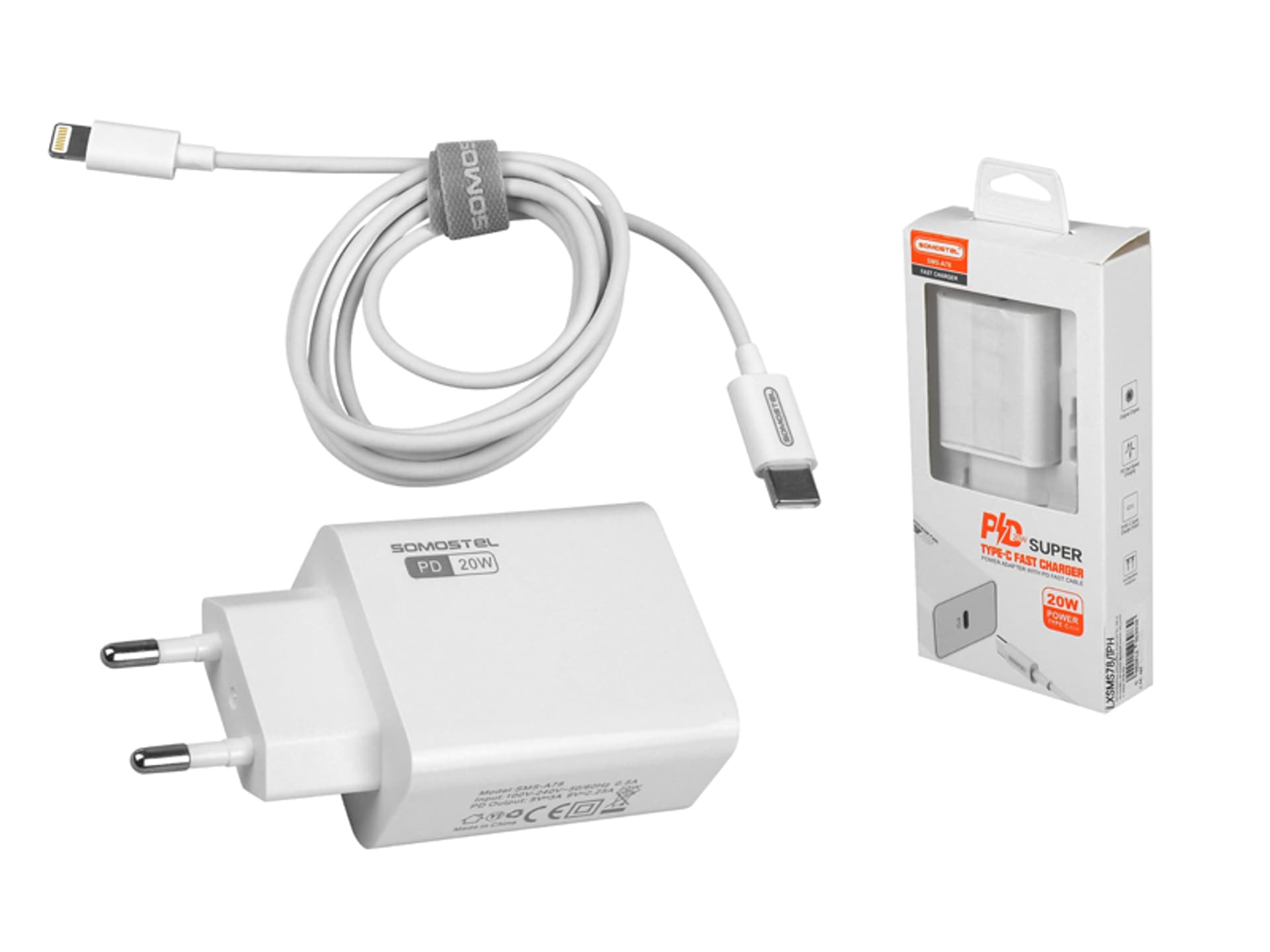 

1 szt. ŁADOWARKA SIECIOWA SOMOSTEL 3A 20W+KABEL IPHONE BIAŁAPOWER DELIVERY SMS-A78 PD