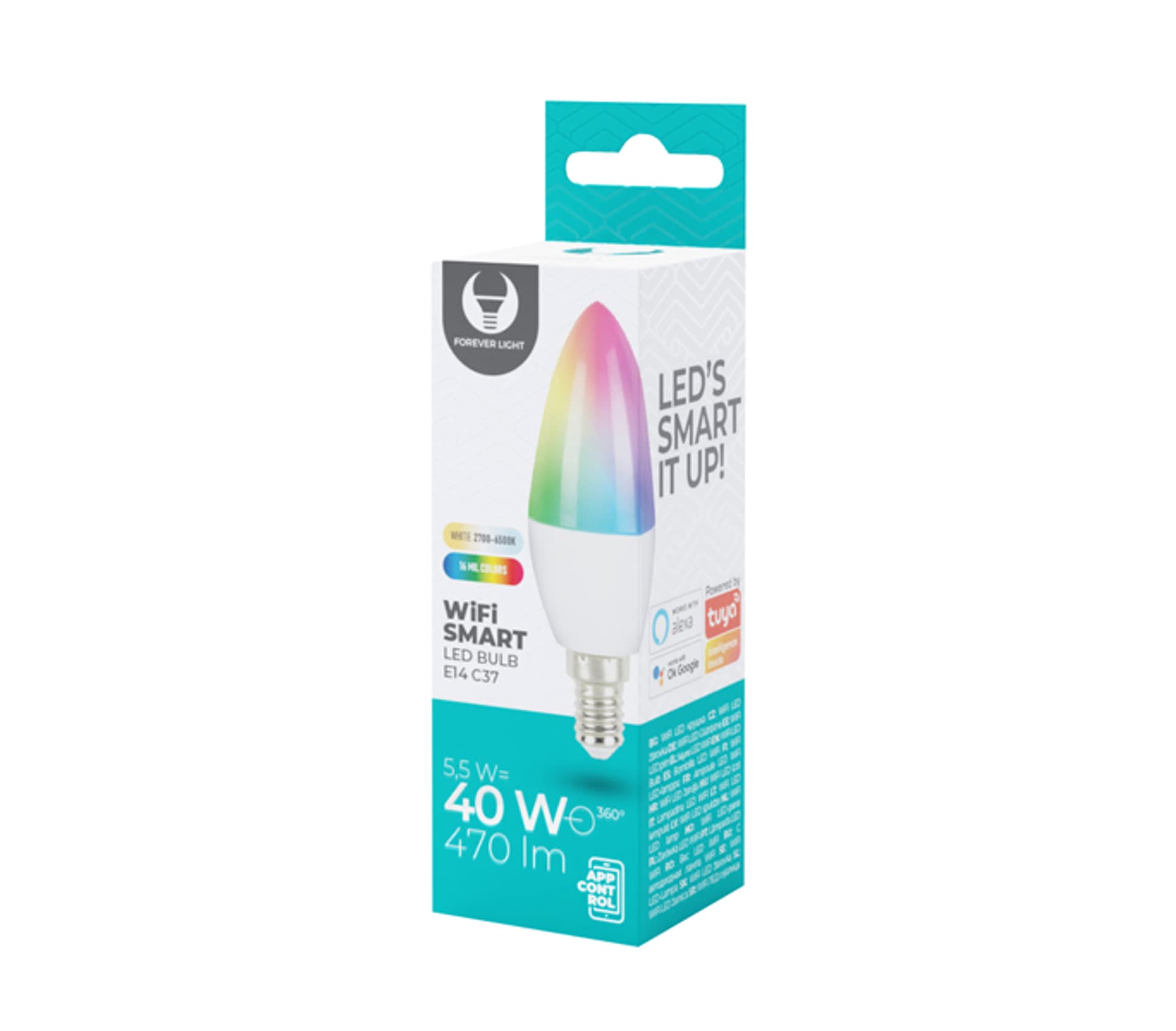 

1 szt. Żarówka LED SMART E14 C37 5,5W RGB-W TUYA 470lm 230V Forever Light