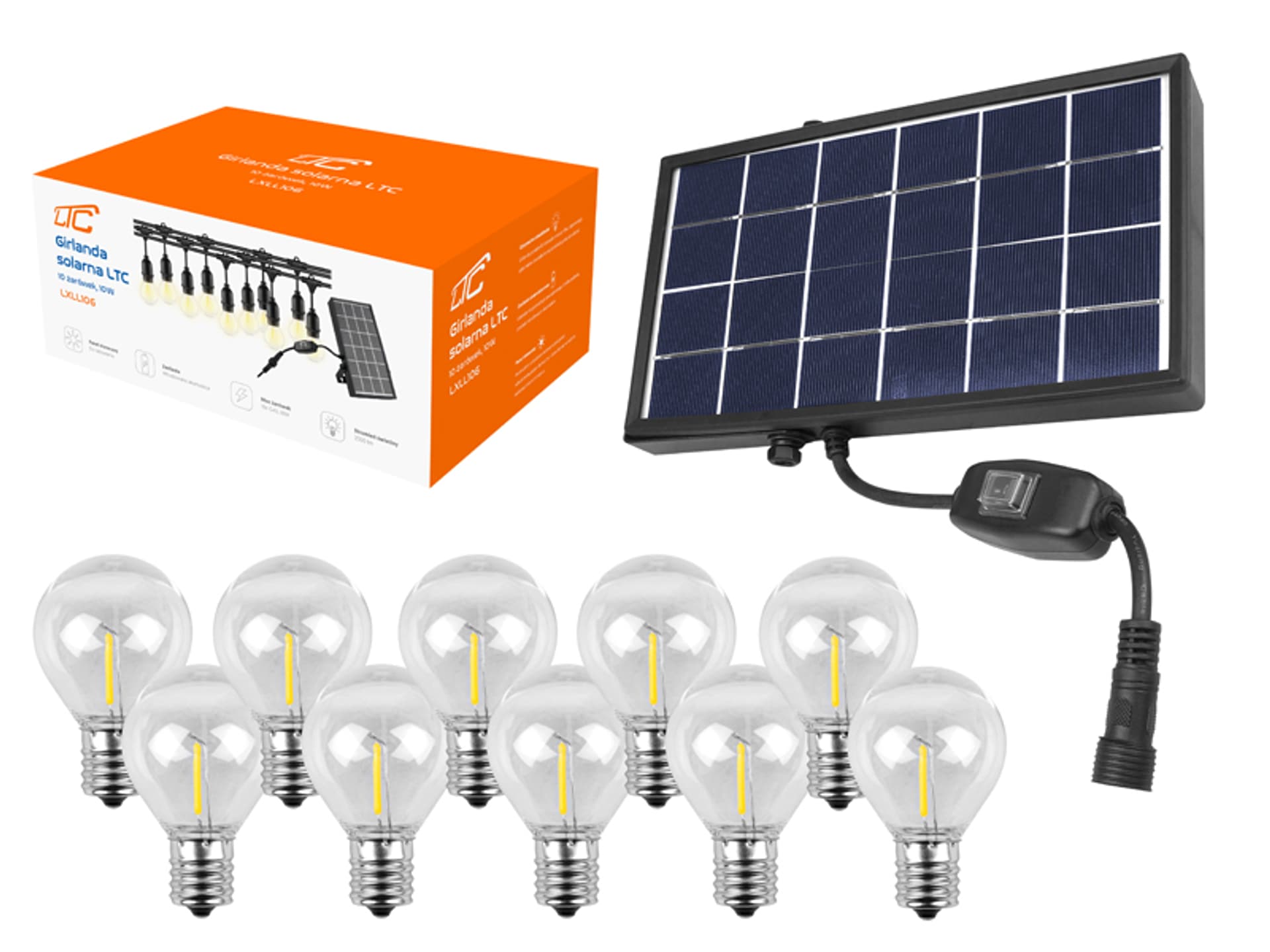 

1 szt. PS Girlanda świetlna LTC, solarna, PVC, długość 7.6 m, E27 + S14*10+ 2 0.5W 2700K LED, 3000 mAh