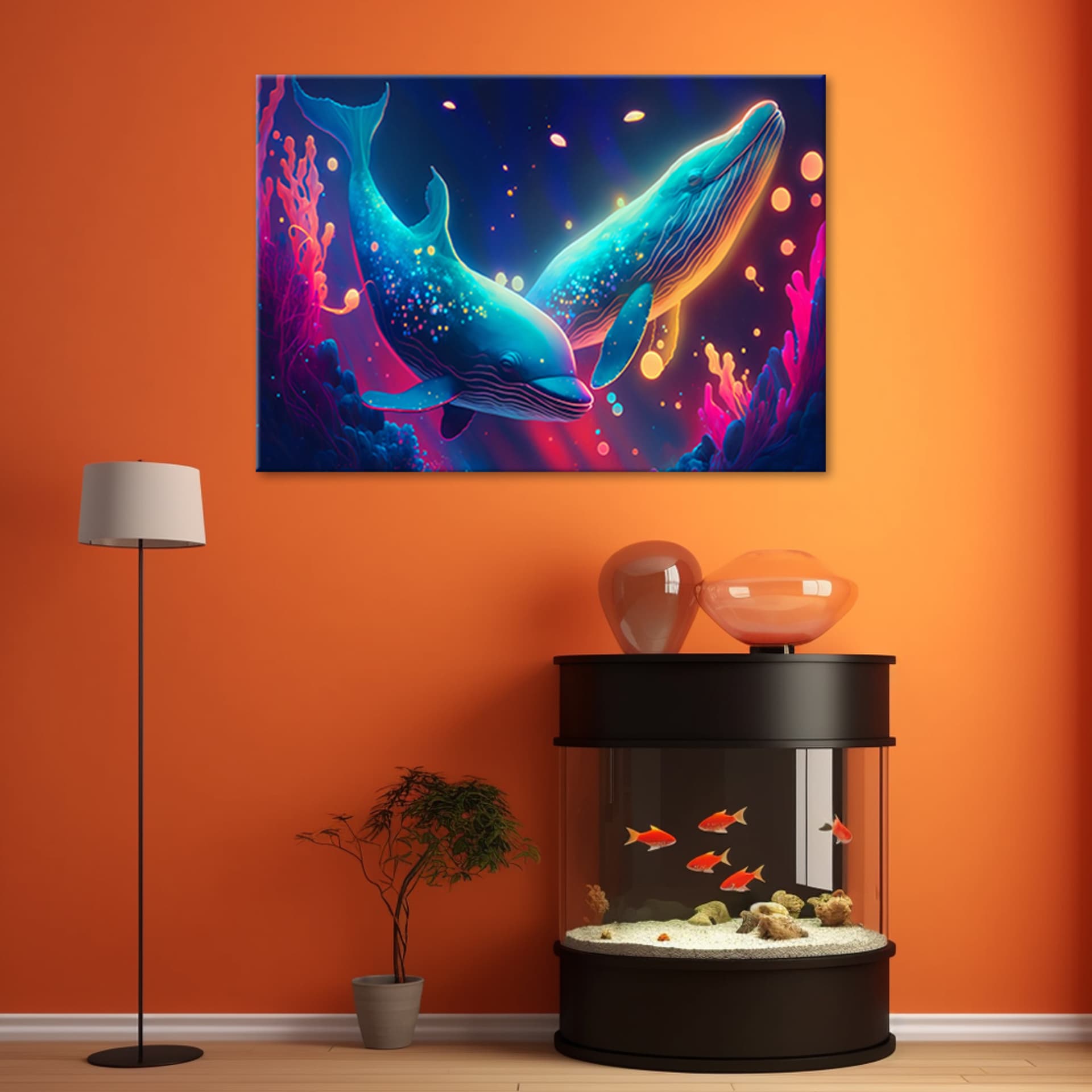 

Obraz na płótnie, Neonowe wieloryby pod wodą (Rozmiar 90x60)