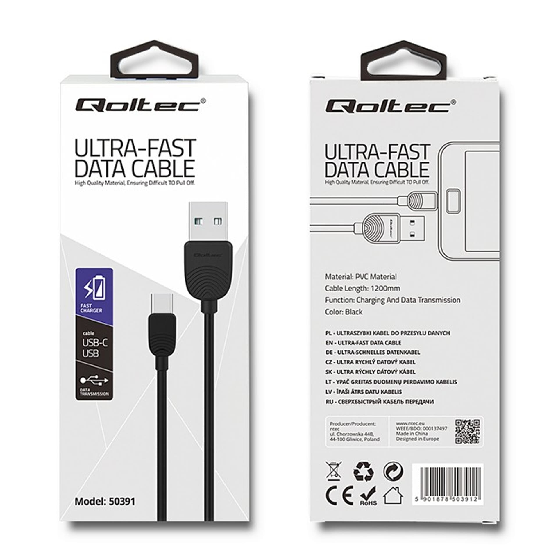 

Qoltec Ultra szybki kabel do przesyłu danych USB typ C USB 2.0 A 1.2m