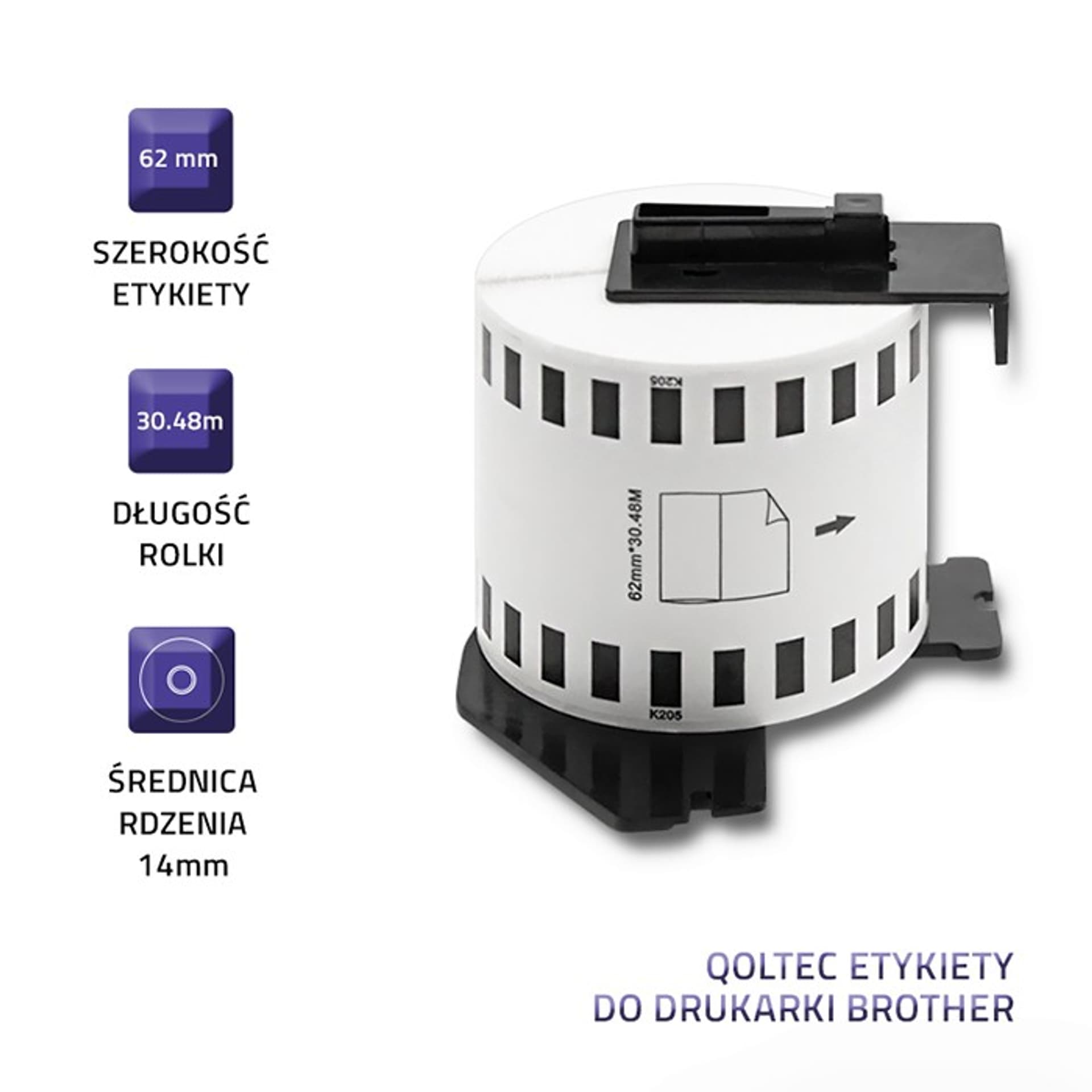 

Qoltec Taśma do BROTHER DK-22205 62mm x 30.48m Biała/ Czarny nadruk Rolka z uchwytem