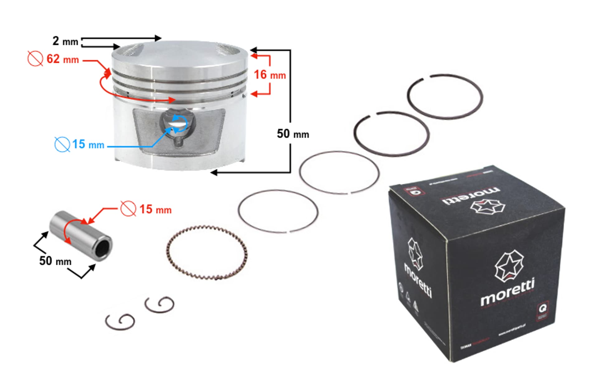 

Tłok Moretti 150cc Motocykl 4T,śr:62 sw:15 c:23,5, komplet