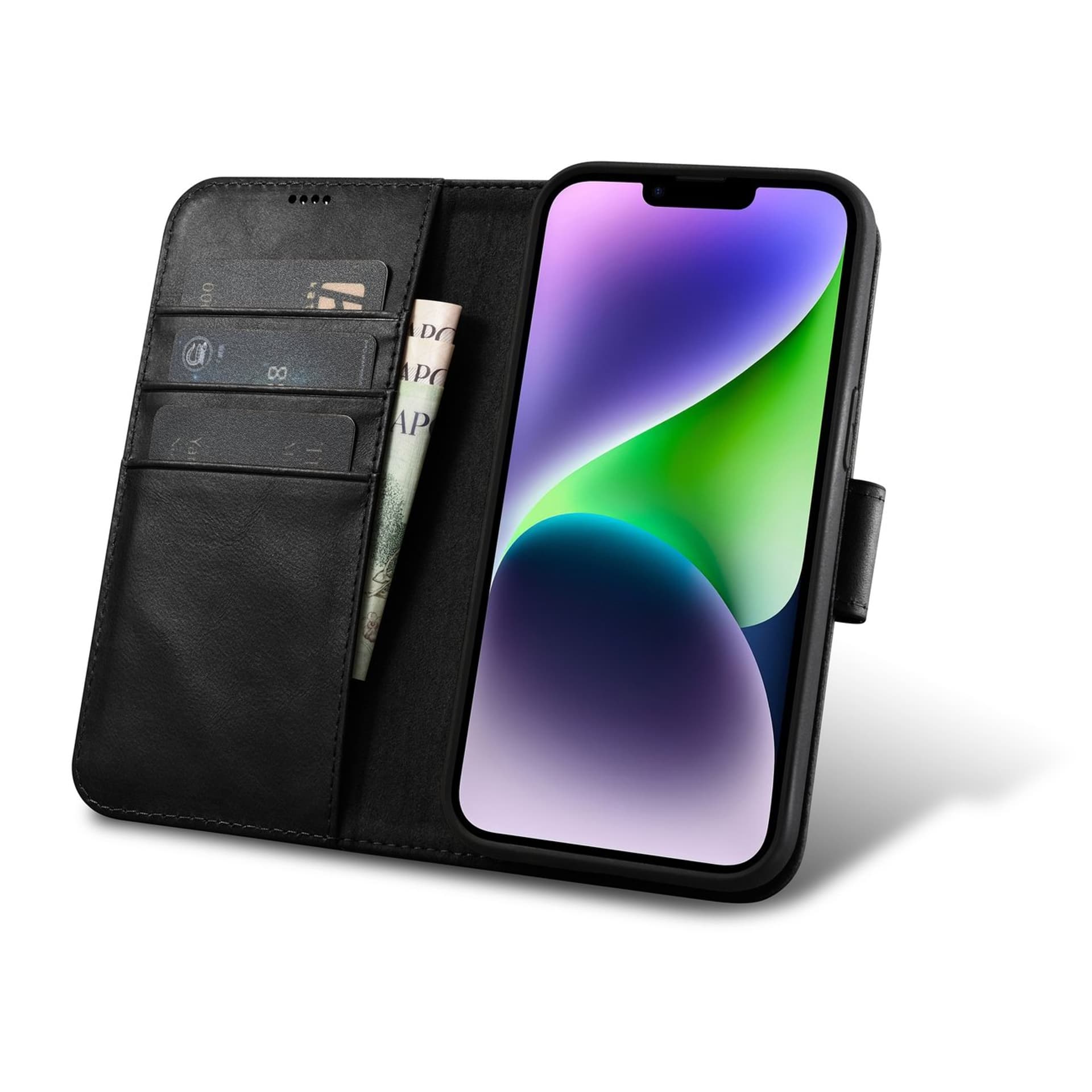 

iCarer Oil Wax Wallet Case 2in1 etui iPhone 14 Plus skórzany pokrowiec z klapką Anti-RFID czarny (WMI14220723-BK)