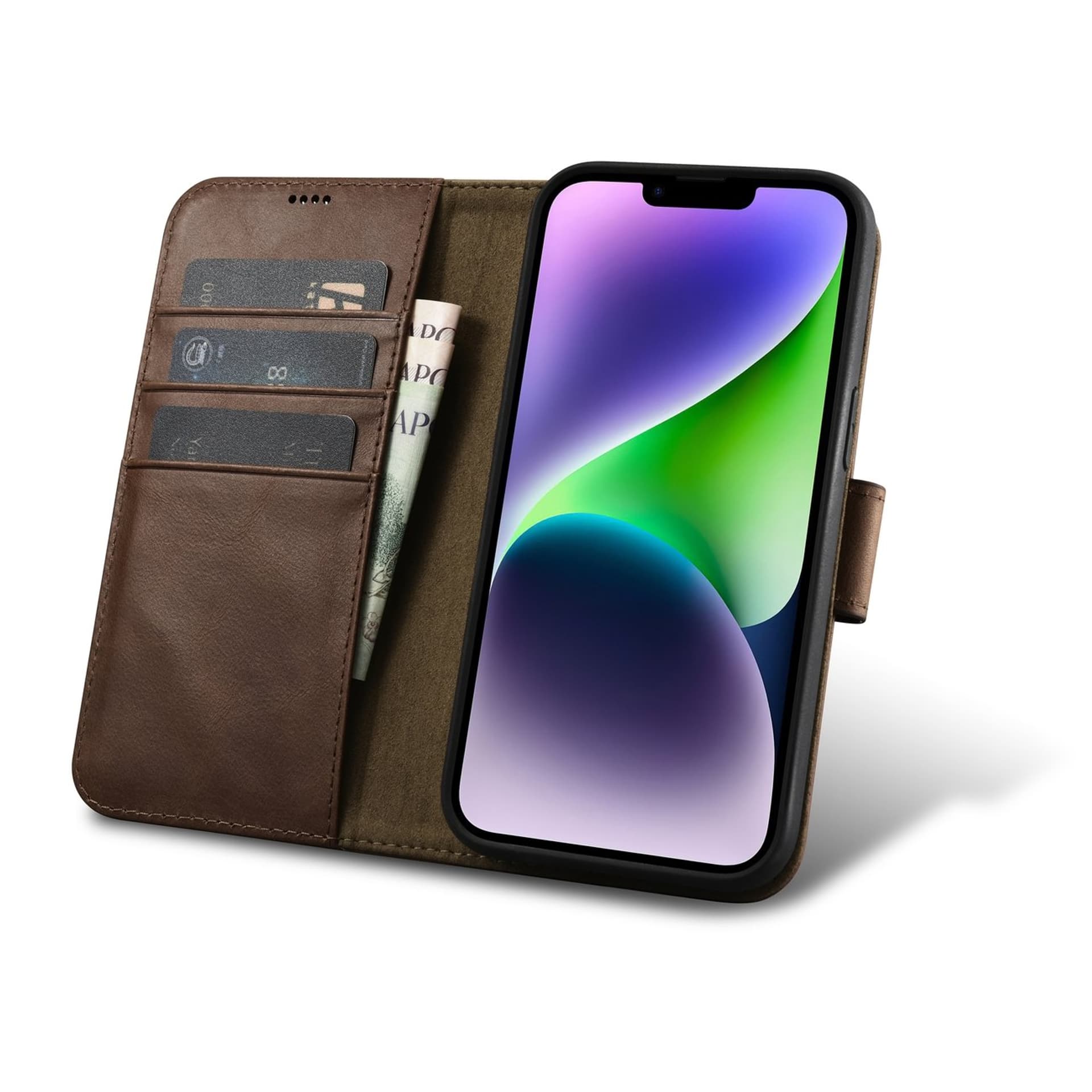 

iCarer Oil Wax Wallet Case 2in1 etui iPhone 14 Plus skórzany pokrowiec z klapką Anti-RFID brązowy (WMI14220723-BN)