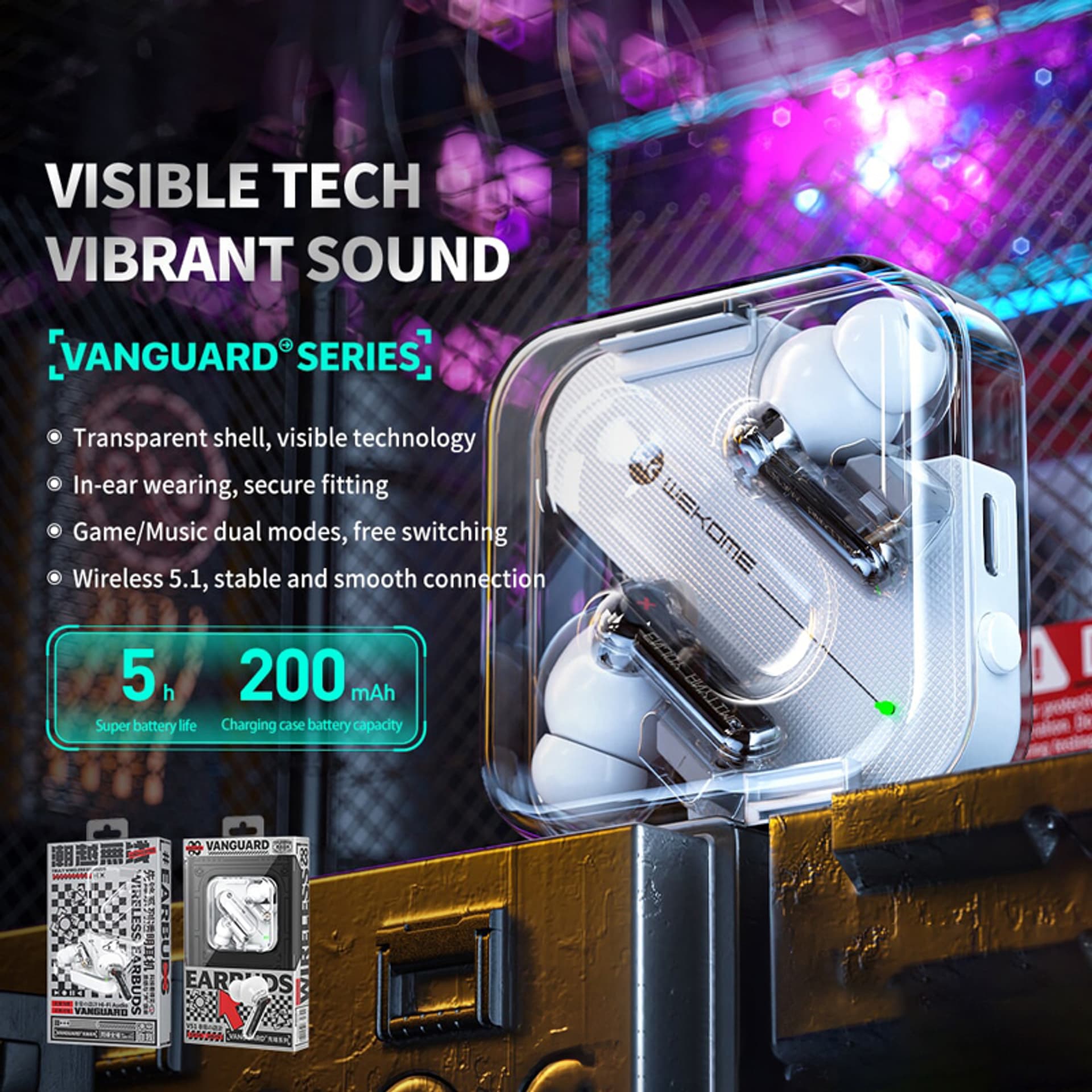 

WEKOME V51 Vanguard Series - Bezprzewodowe słuchawki Bluetooth V5.1 TWS z etui ładującym (Czarny)