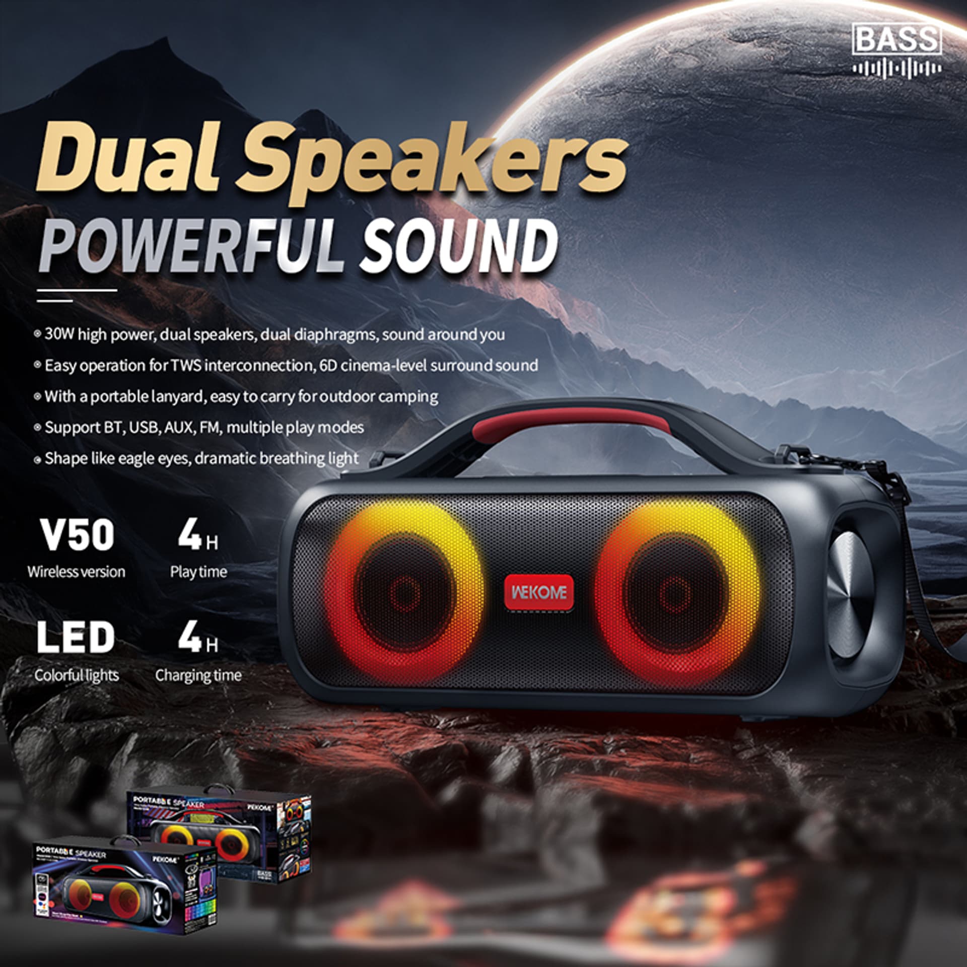 

WEKOME D38 Yinla Series - Przenośny bezprzewodowy głośnik Bluetooth V5.0 30W RGB LED (Czarny)
