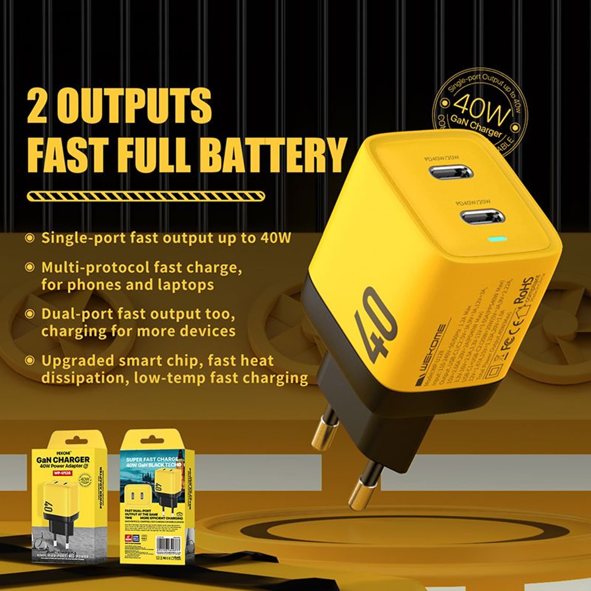 

WEKOME WP-U128 - Ładowarka sieciowa 2x USB-C Super Fast Charger GaN 40W (Żółty)