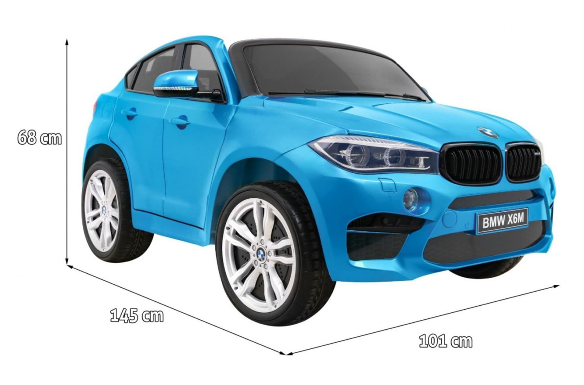 

BMW X6M XXL dla 2 dzieci Lakier Niebieski + Pilot + Ekoskóra + Pasy + Wolny Start + MP3 + LED