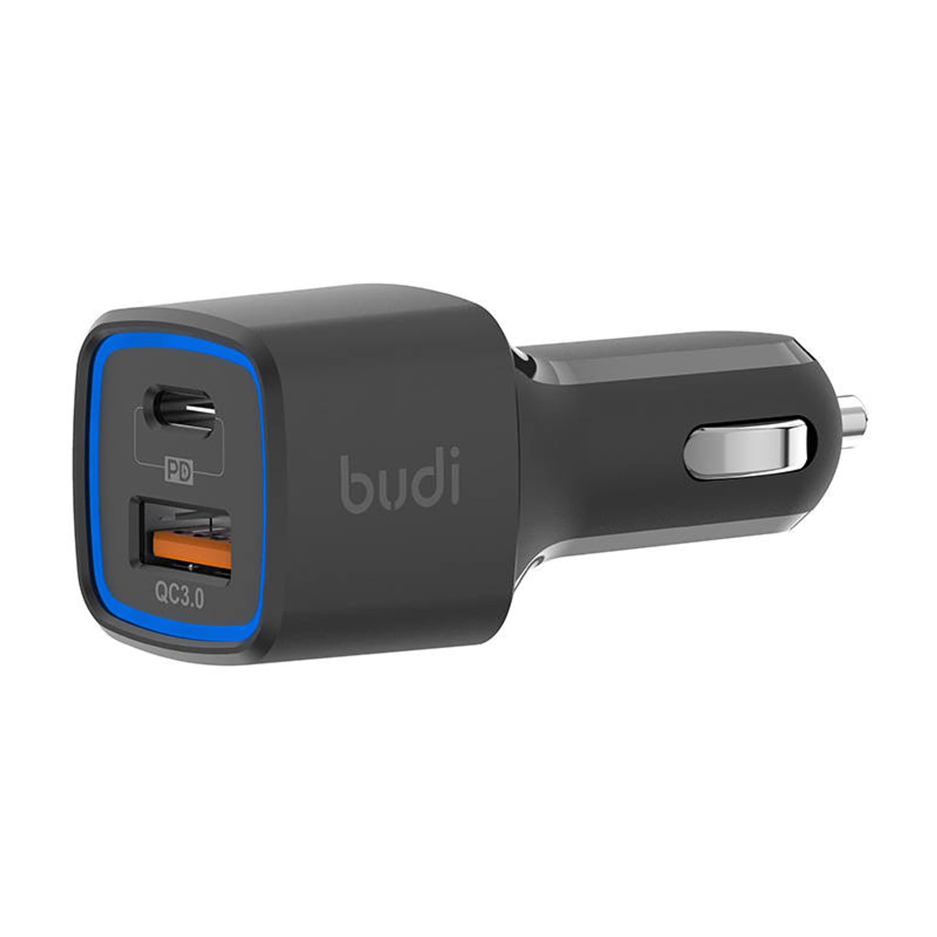 

Ładowarka samochodowa LED Budi, USB + USB-C, 18W, PD + QC 3.0 (czarna)