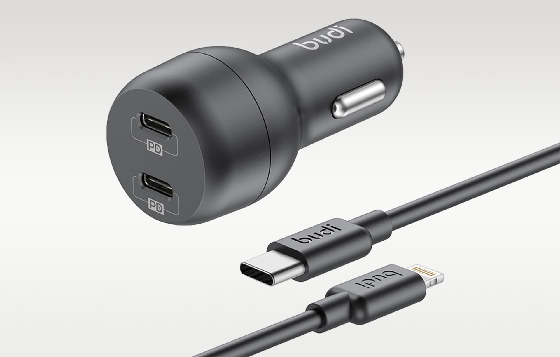 

Ładowarka samochodowa Budi, 2x USB-C, 40W, PD + kabel USB-C do Lightning (czarna)
