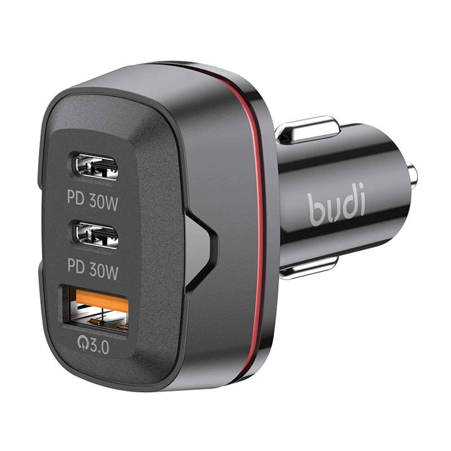 

Ładowarka samochodowa Budi, USB + 2x USB-C, 60W, PD + QC (czarna)
