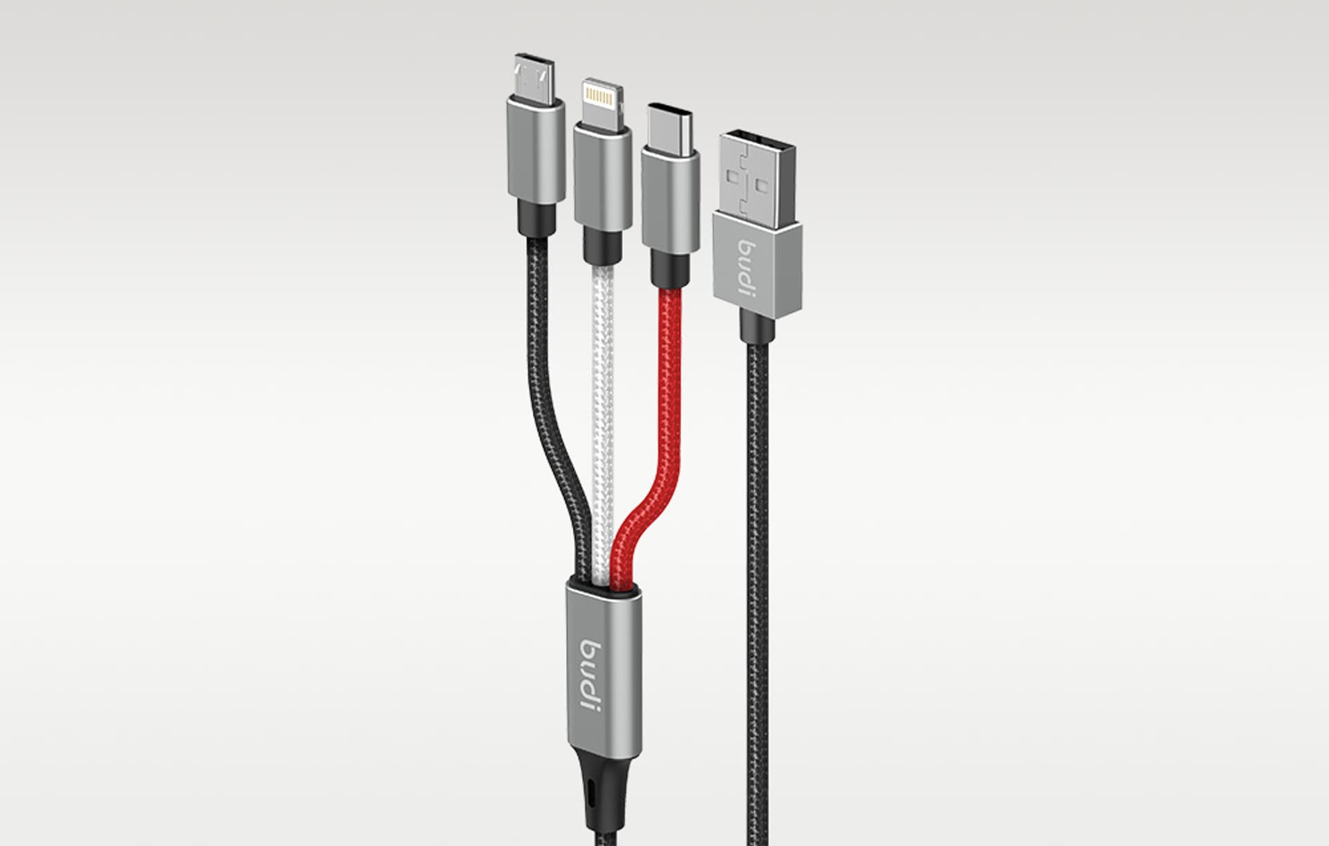 

Kabel 3w1 USB do Lightning / USB-C / Micro USB Budi 2.4A, 1m, oplot (czarny)
