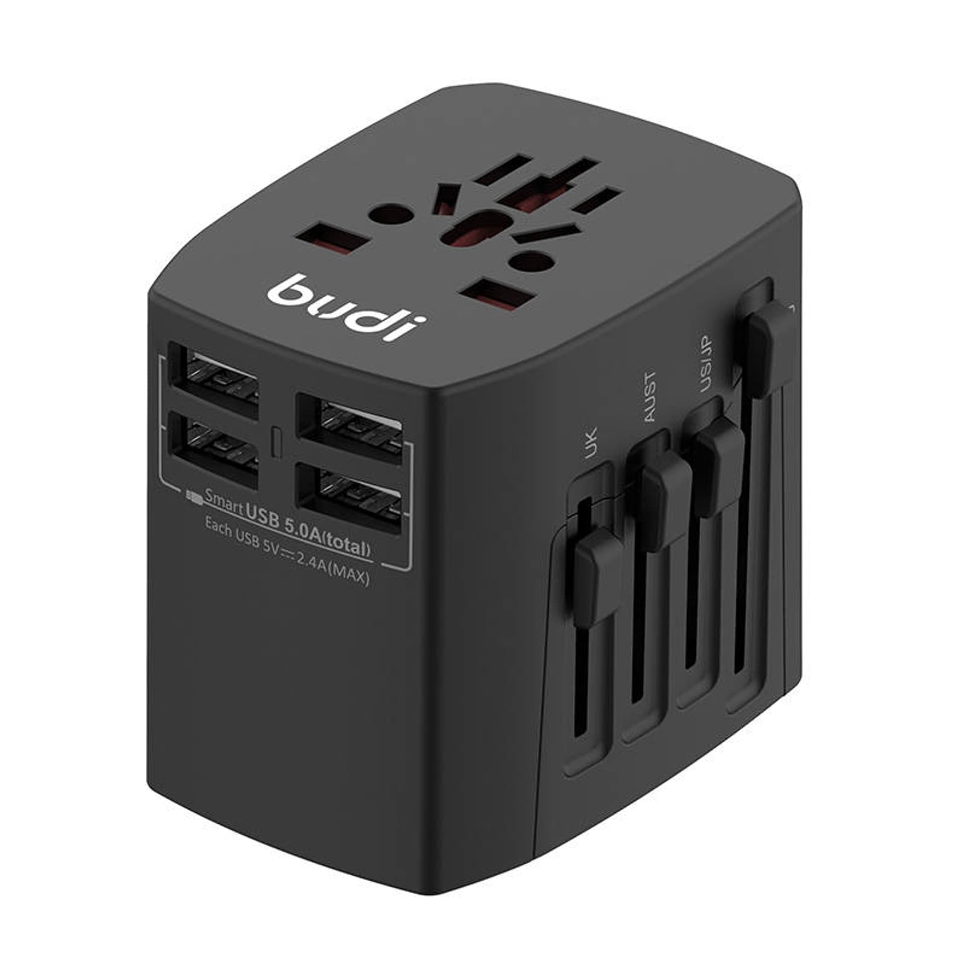

Uniwersalna ładowarka sieciowa / Adapter AC Budi 4x USB, 5A, EU/UK/AUS/US/JP (czarna)