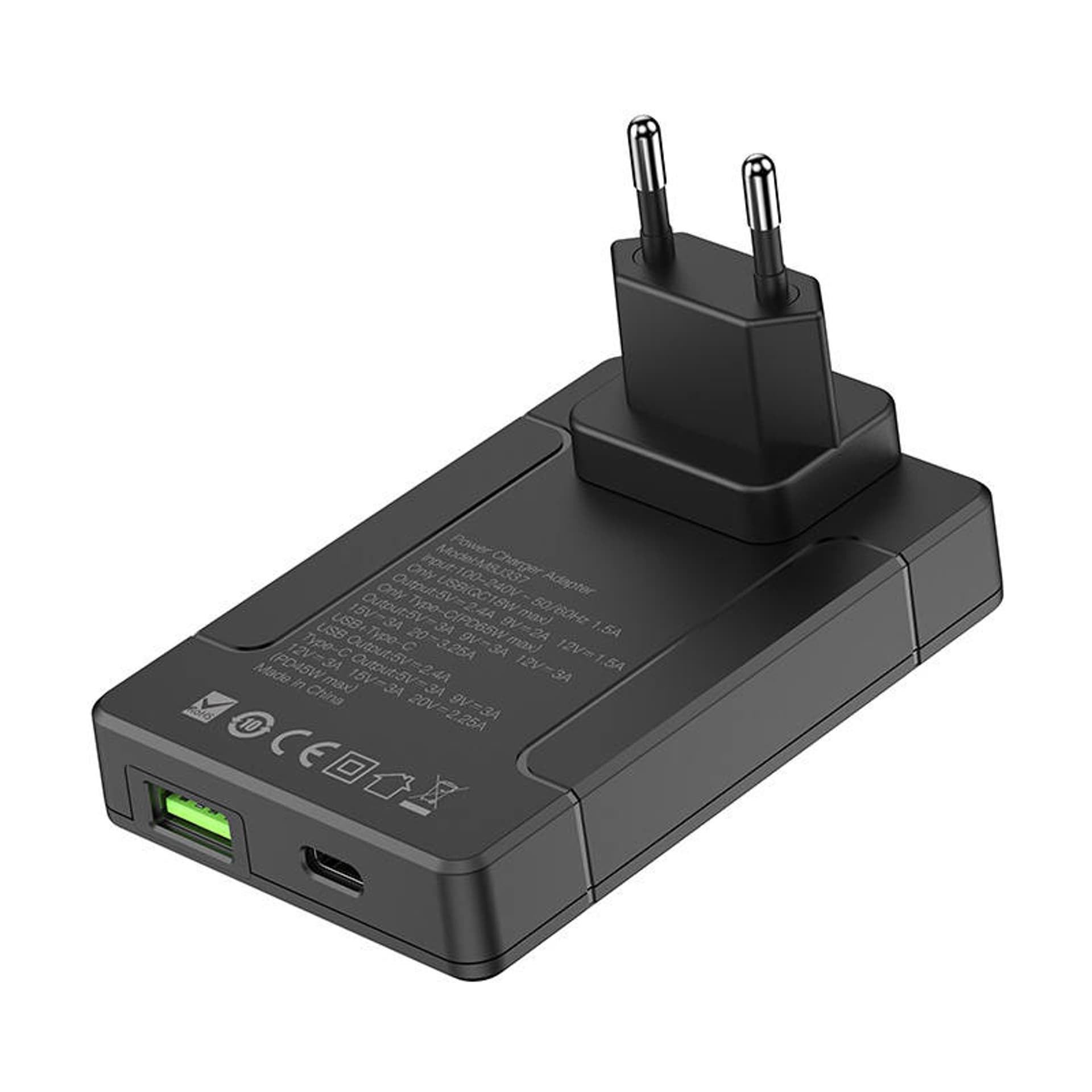 

Uniwersalna ładowarka sieciowa Budi, USB + USB-C, PD 65W + adaptery EU/UK/US/AU (czarna)