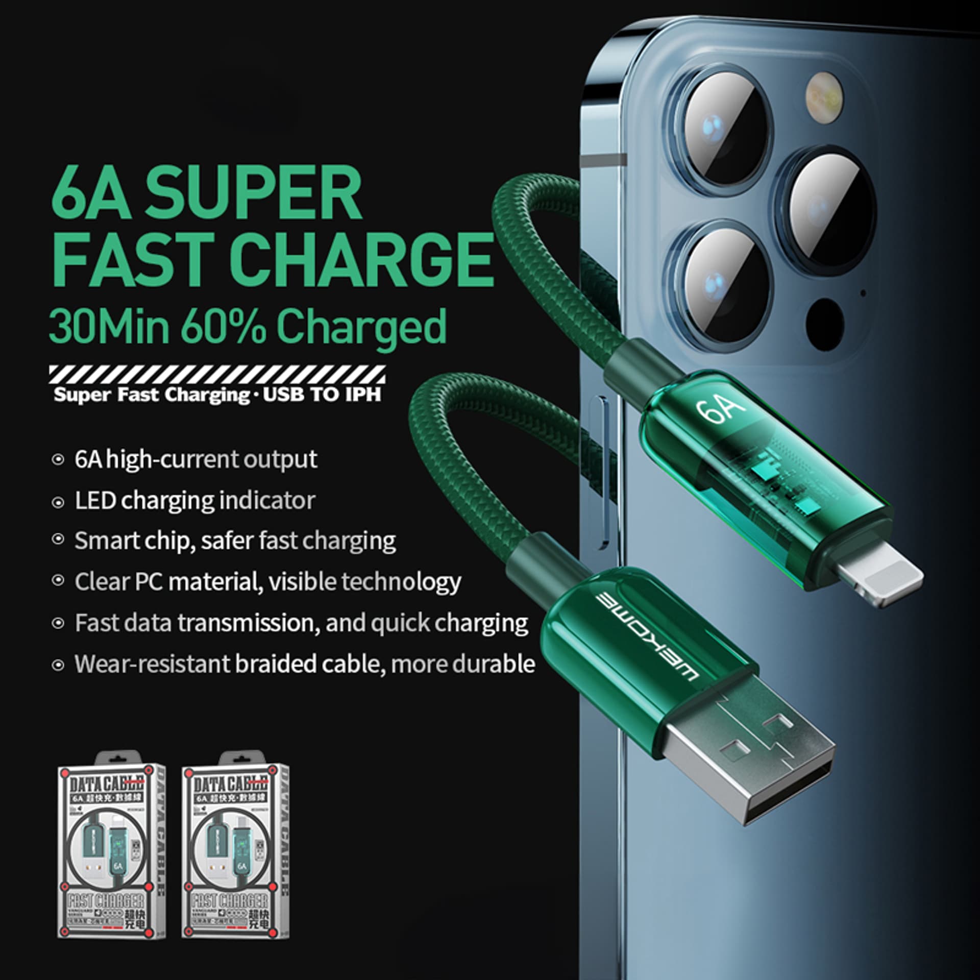 

WEKOME WDC-180 Vanguard Series - Kabel połączeniowy USB-A do Lightning Fast Charging 1 m (Zielony)