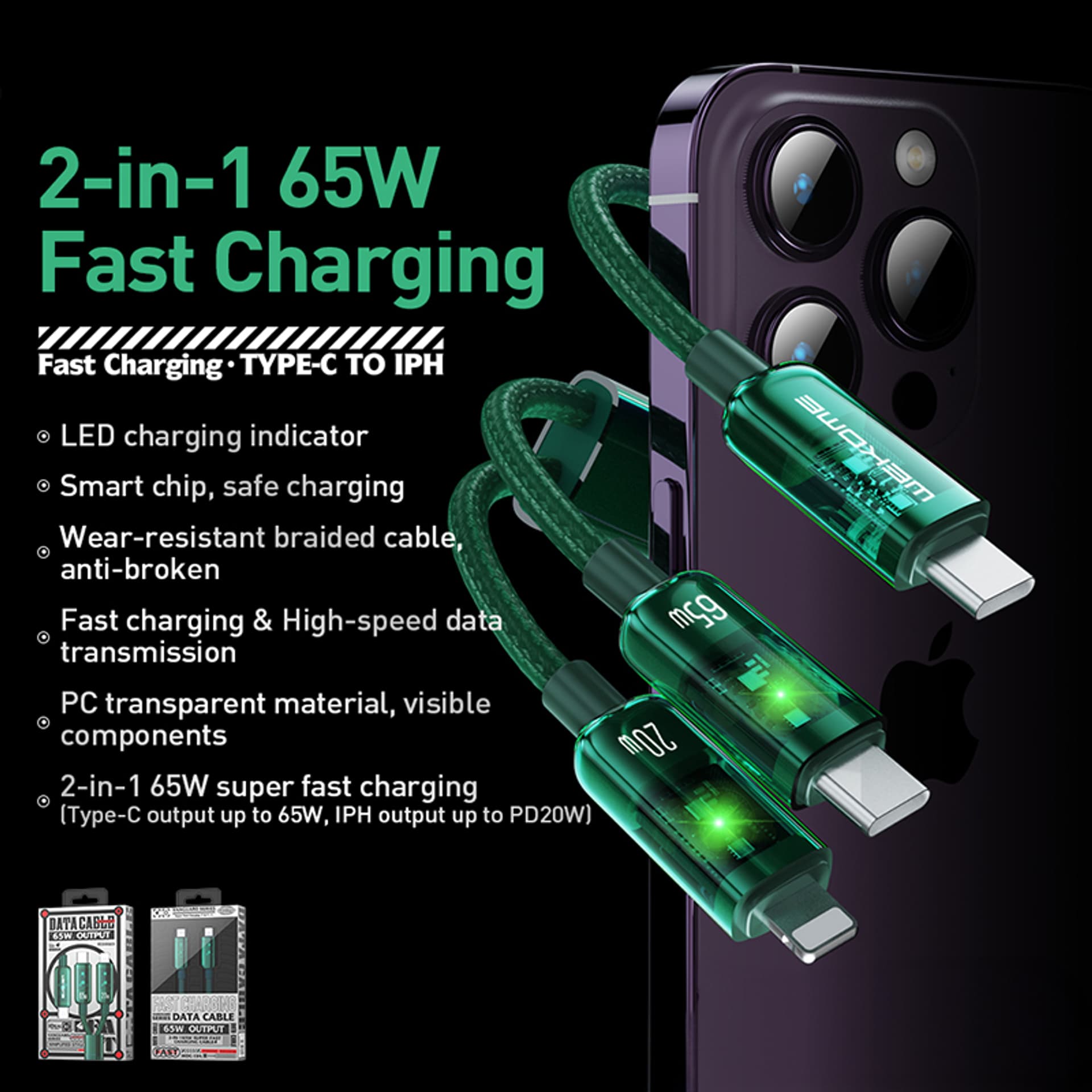 

WEKOME WDC-194 Vanguard Series - Kabel połączeniowy 2w1 USB-C do USB-C + Lightning Super Fast Charging 65W 1 m (Zielony)