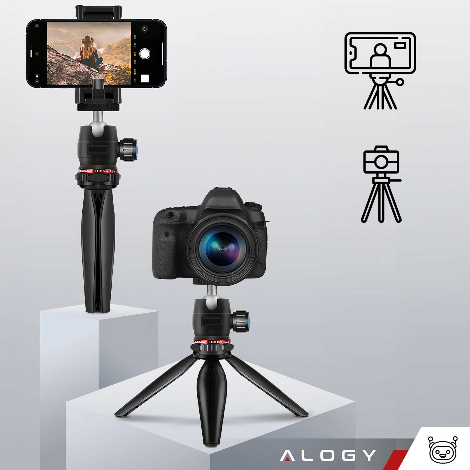 

Uchwyt na telefon Alogy Mini Tripod Trójnóg Liginn do robienia zdjęć do telefonu kamery GoPro lampy ring 1/4 Czarny