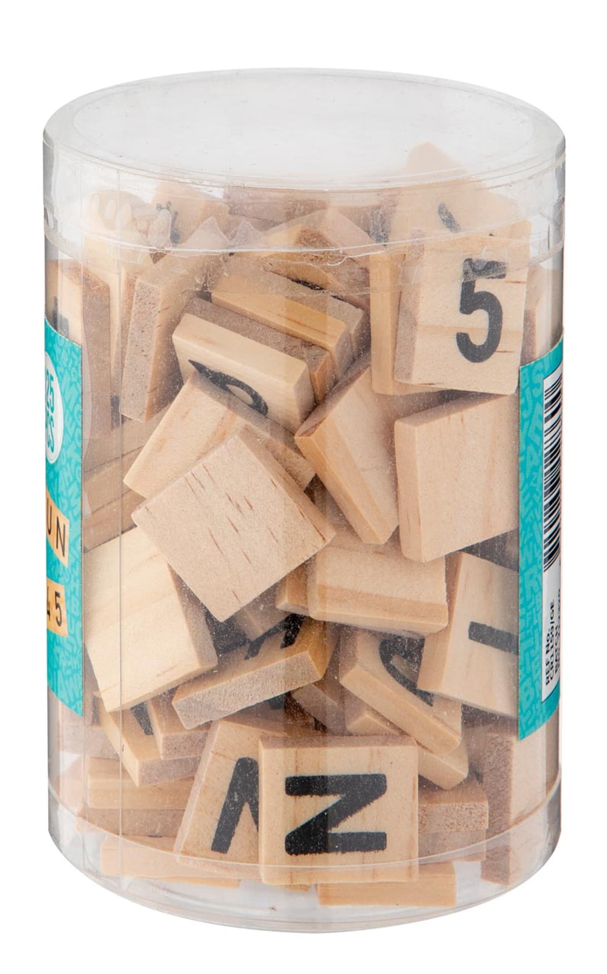 

Litery, cyfry, symbole drewniane w tubie, 2*1,8cm, 125 szt