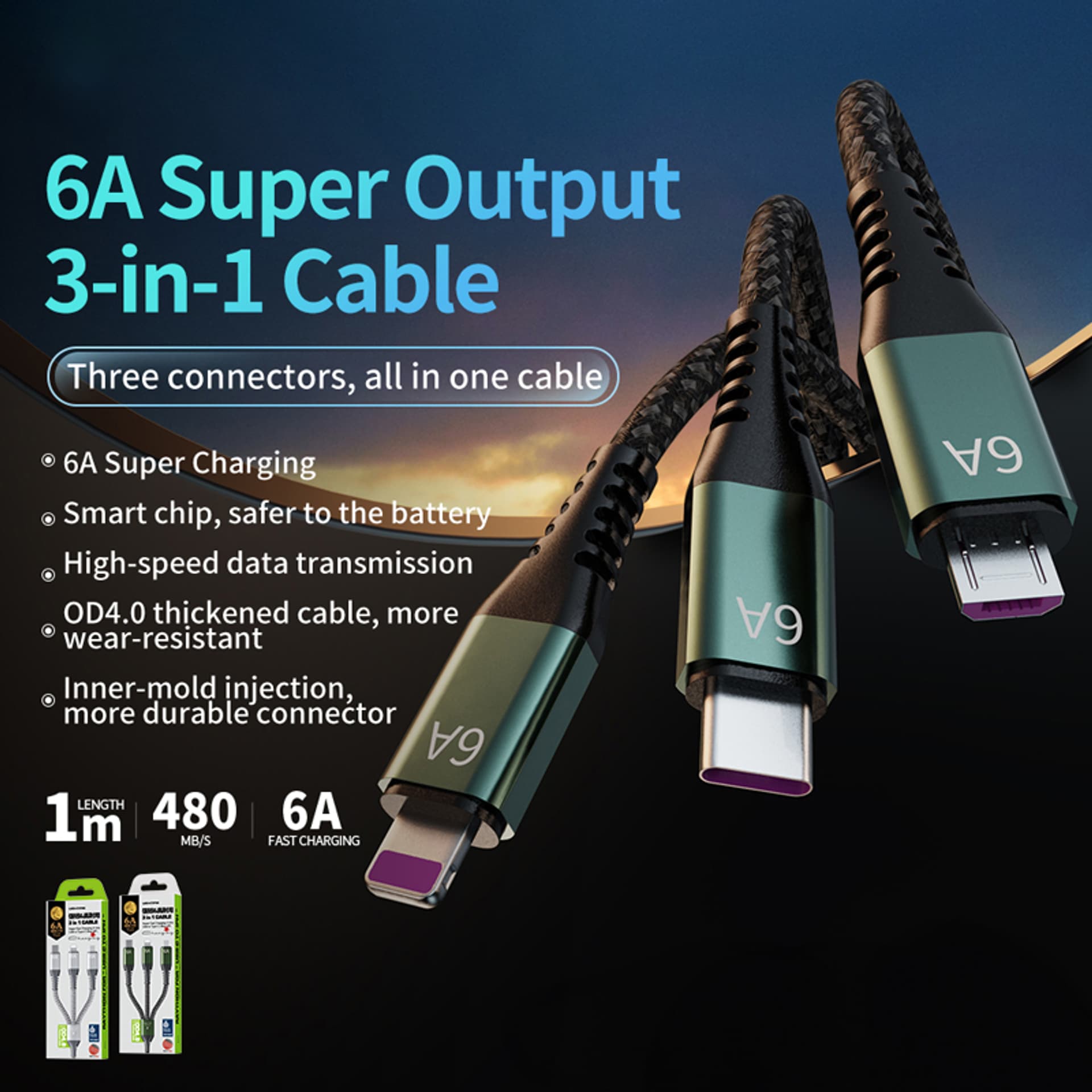 

WEKOME WDC-170 Raython Series - Kabel połączeniowy 3w1 USB-A do USB-C + Lightning + Micro USB Fast Charging PD 1.2 m (Czarny)