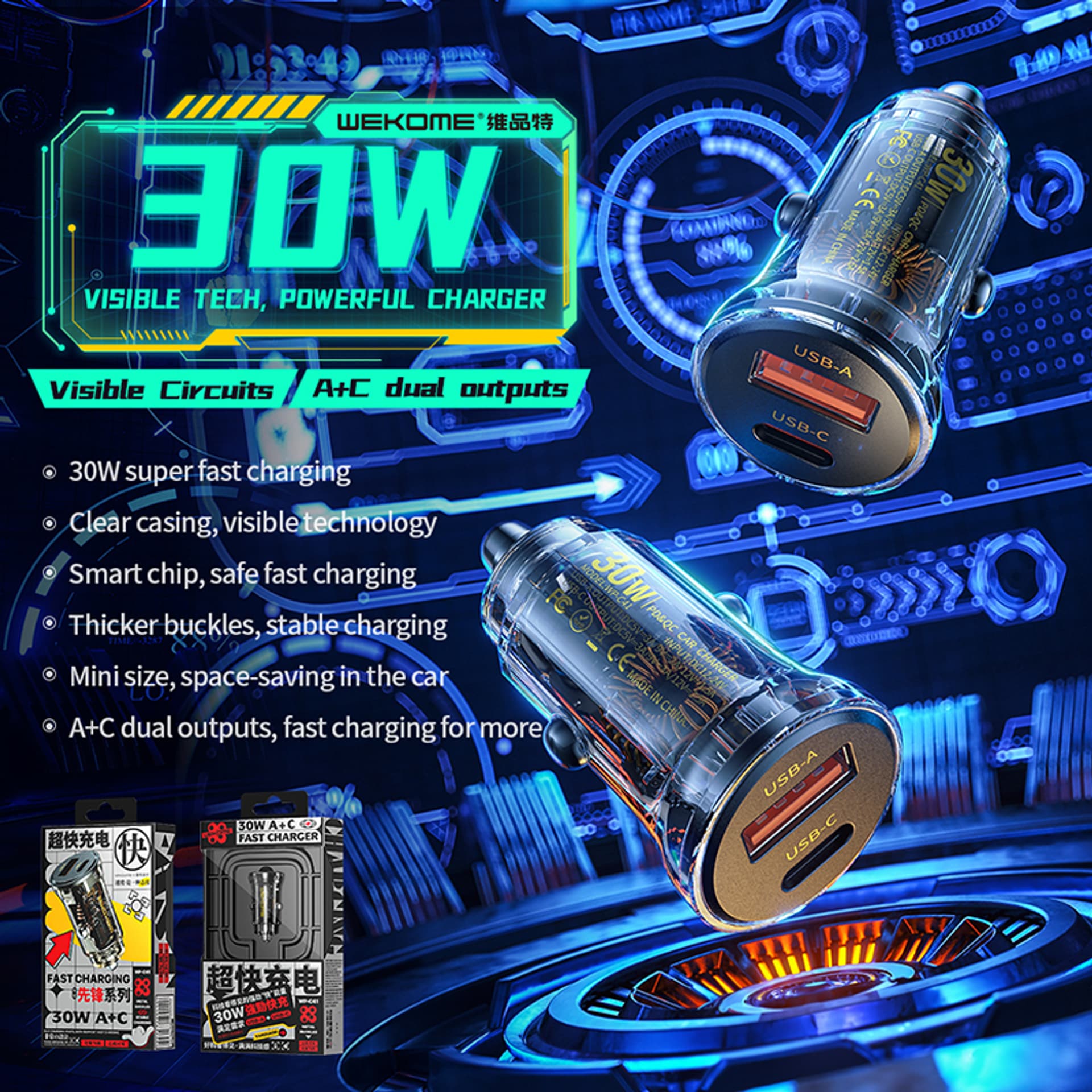 

WEKOME WP-C41 Vanguard Series - Ładowarka samochodowa USB-C & USB-A Fast Charging 30W (Czarny / Przezroczysty)