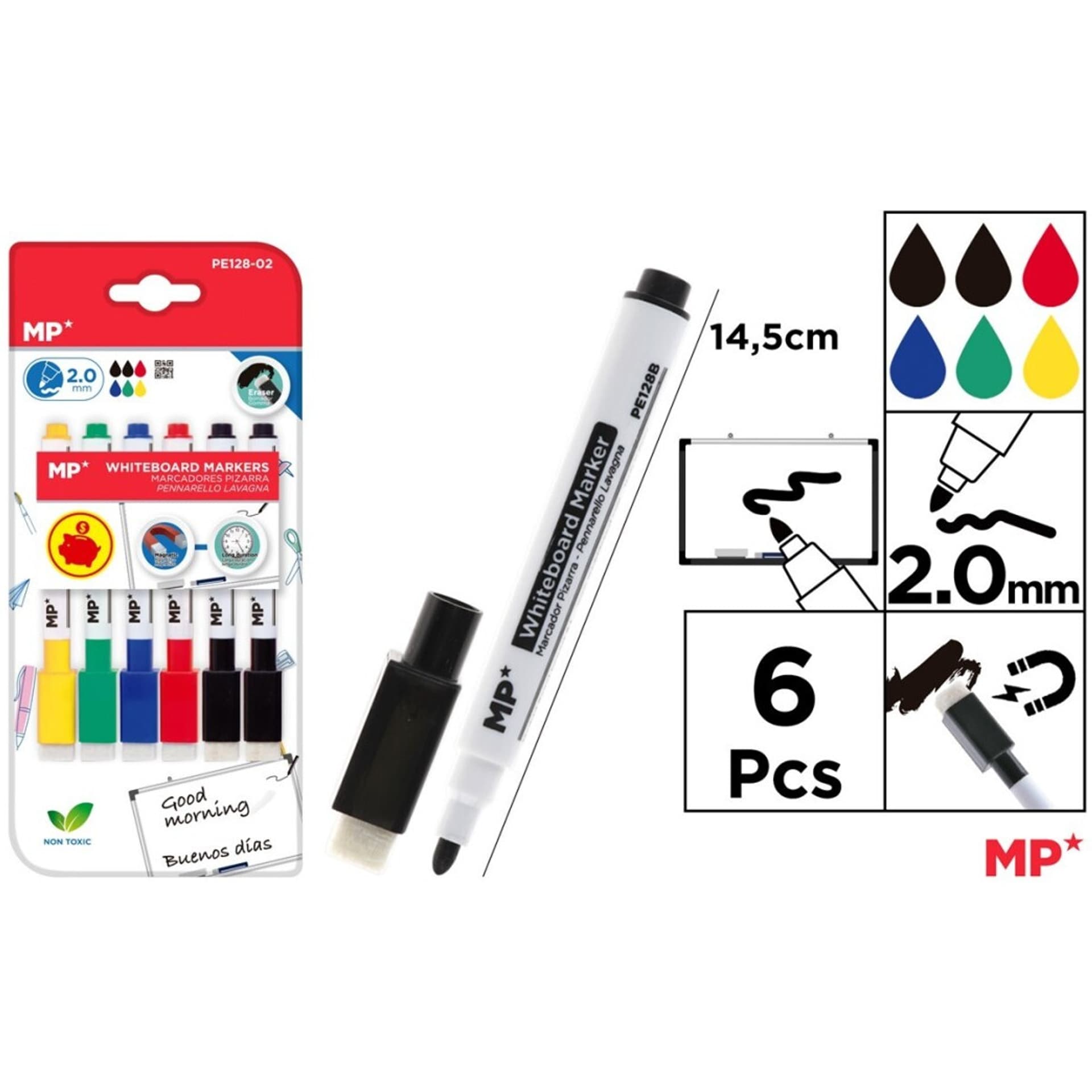 

Marker do tablic zestaw 6szt. z magnesem i gumką PE128-02 MP Poland
