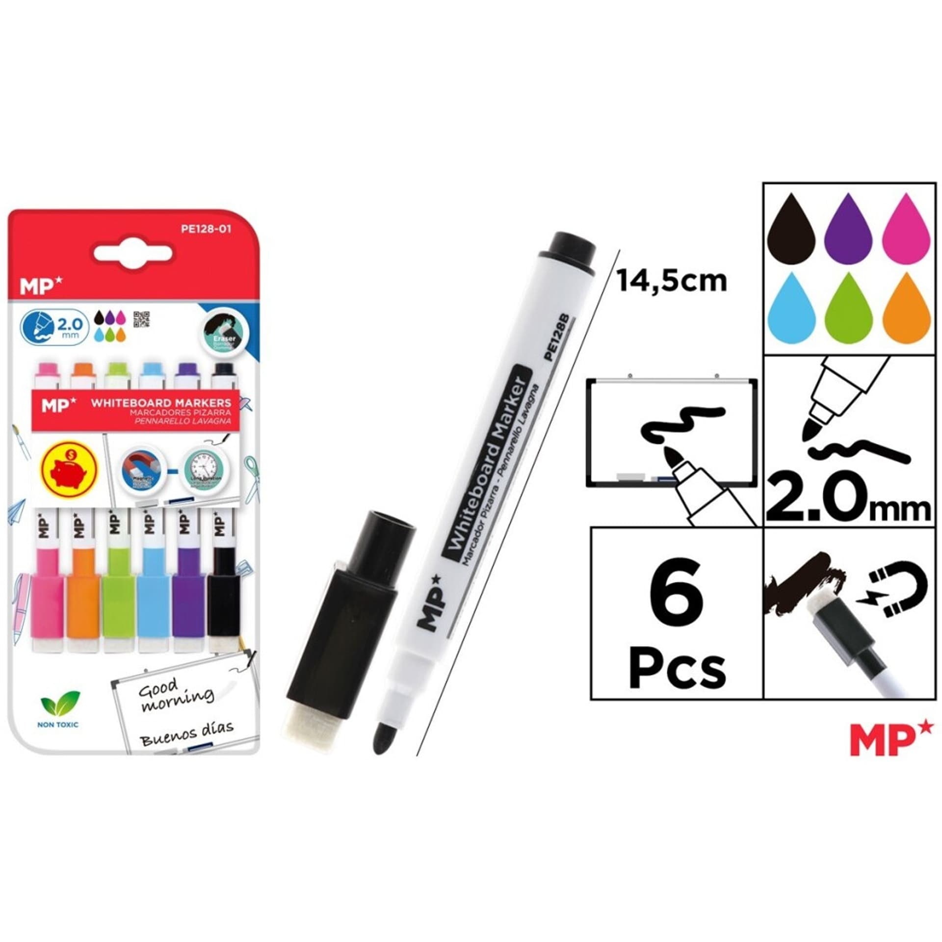 

Marker do tablic zestaw 6szt. z magnesem i gumką PE128-01 MP Poland