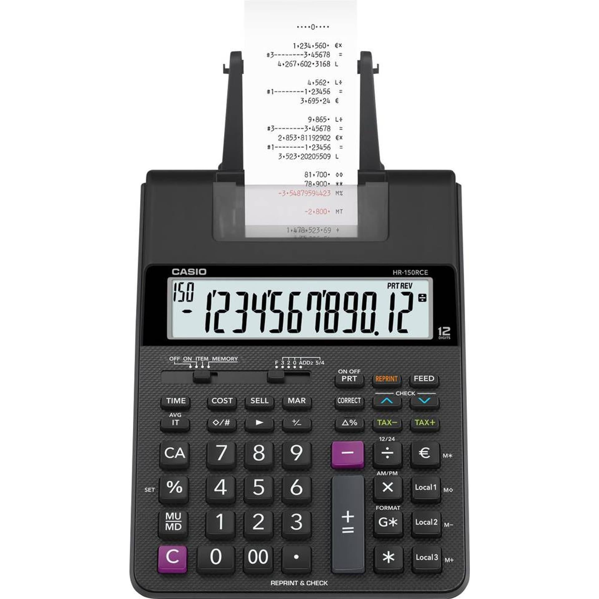 

Casio Kalkulator HR 150 RCE, czarna, 12 miejsc, z drukarką, podwójne zasilanie, dwukolorowy druk
