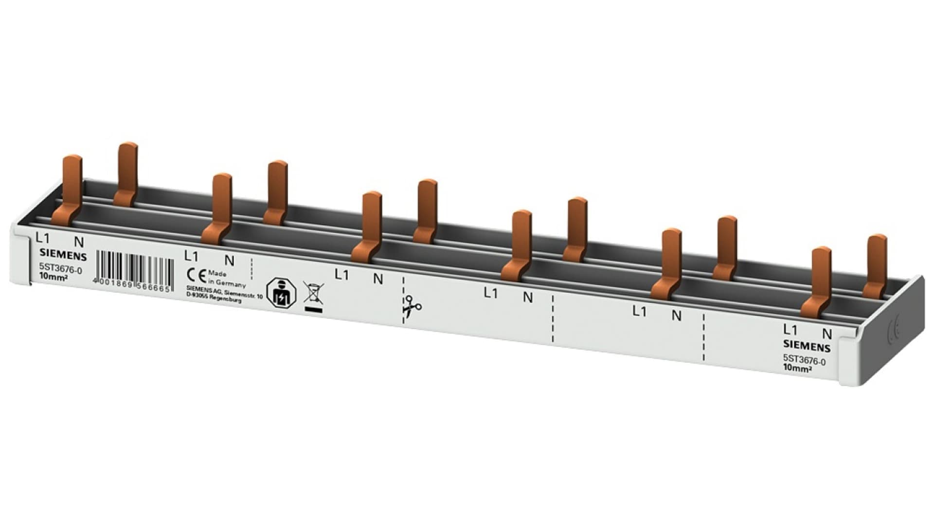 

Szyna łączeniowa 1P+N 10mm2 sztyftowa 12 modułowa dla 6x (AFDD 5SM6 + 6x 5SV1 / 5SL60) pełna izolacja 5ST3676-0